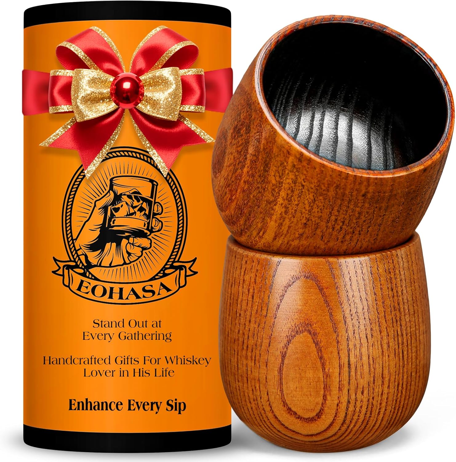 3.5" Large Charred Wood Whiskey Glass, 2PCS Wooden Bourbon Drinking Glasses Tumbler, Wooden Cup Whiskey Grail Wood Charred Old Fashioned Glass - Gifts for Him