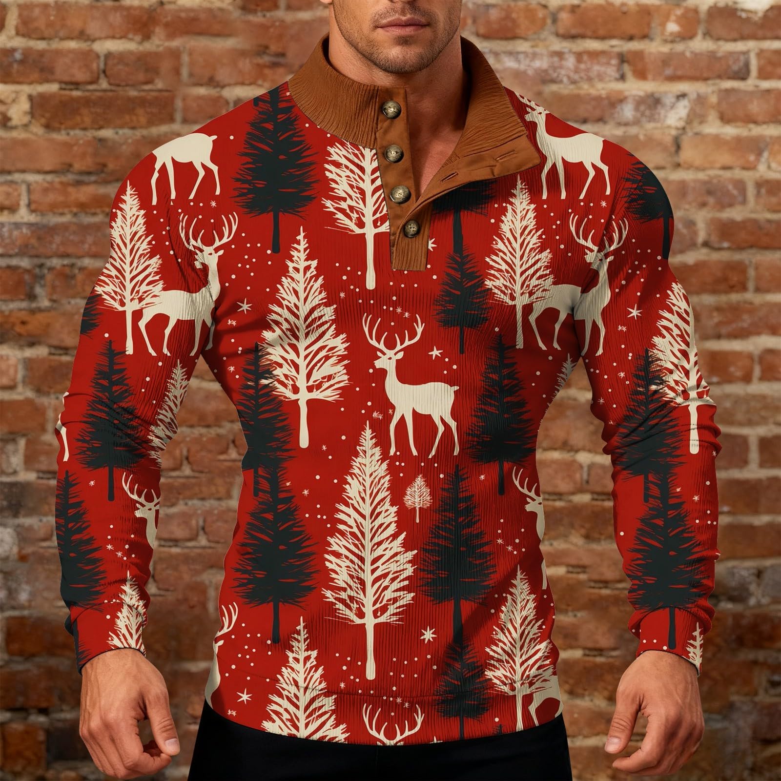 Maglia Uomo Colletto Bottoni Stampa Natale Invernale Senza Cappuccio