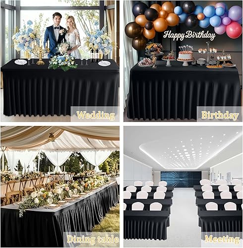 Miniatura 6 de JCJ Faldón de mesa para mesas rectangulares, manteles negros ajustados de elastano para mesas de 6 pies, resistentes a las arrugas, faldas elásticas