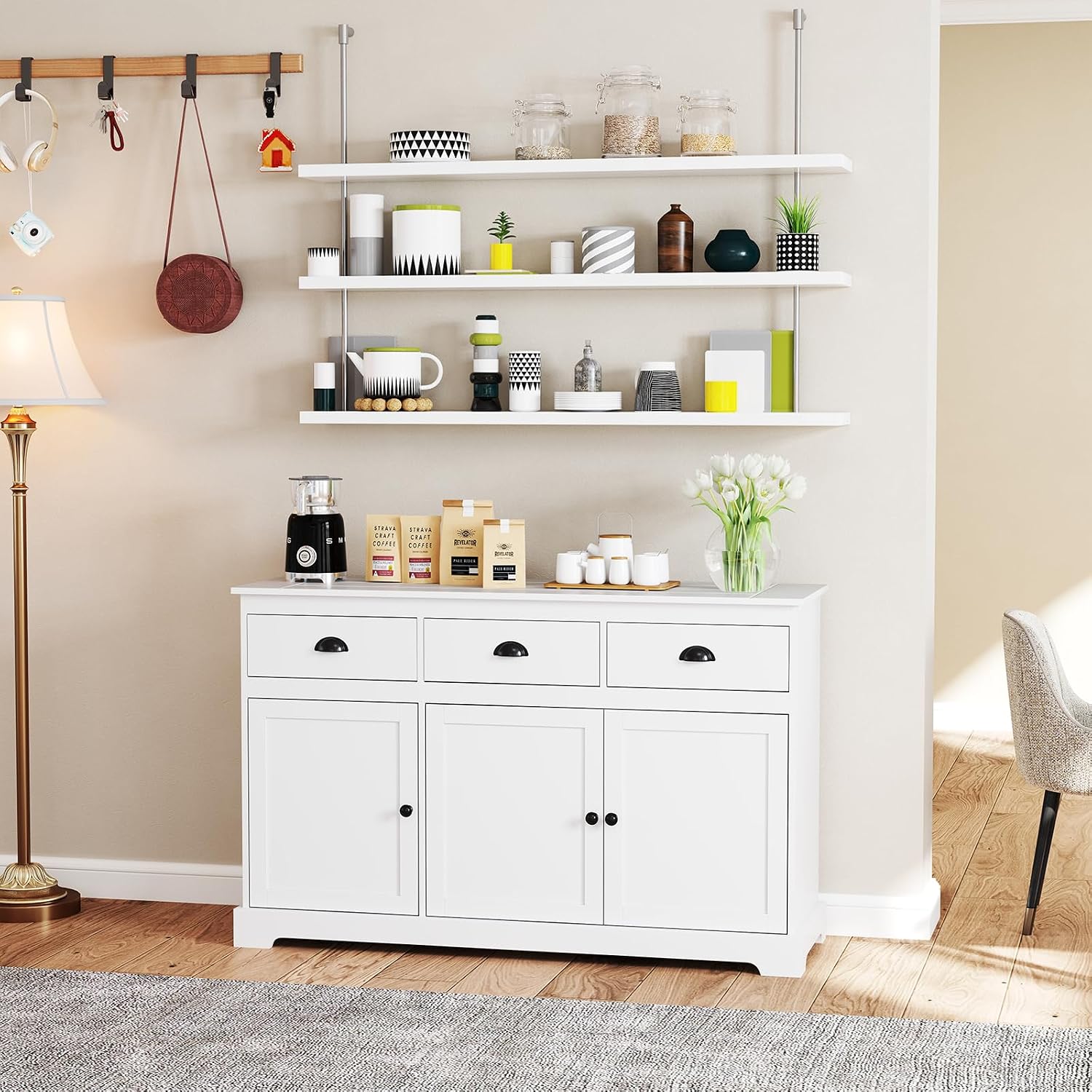 DORTALA Kitchen Buffet Sideboard, Wood Storage Cabinet w/ 3 Drawers and 2 Cupboards, 3 Doors, Morden Entryway Cupboard, Buffet Table for Dining Room, Kitchen, Living Room, Entryway, White