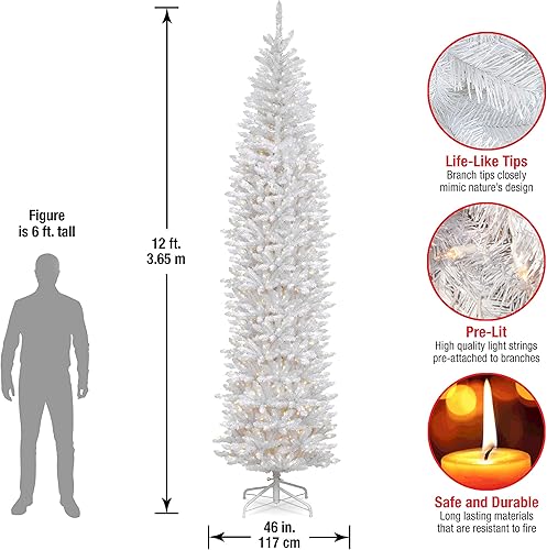Miniatura 2 de National Tree Company Árbol de Navidad artificial preiluminado, blanco, abeto Kingswood, luces blancas, incluye soporte, 12 pies