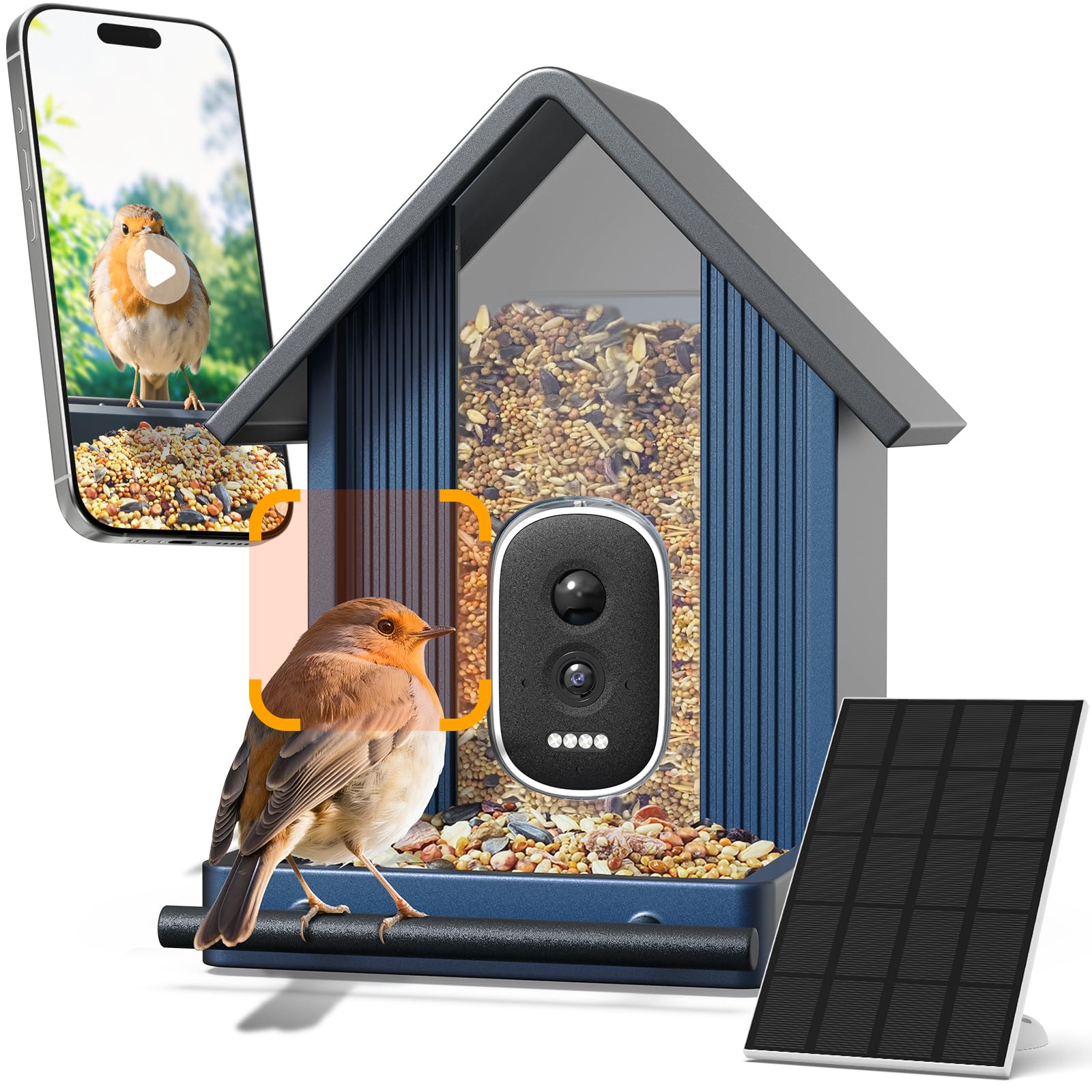Intelligenter vogelhaus mit Kamera, 2,5K-UHD-Kamera, solarbetrieben, präzise KI-Erkennung, sofortige Benachrichtigungen und Videoaufzeichnung, wasserdicht nach IP66 für den Außenbereich, Metal Blau