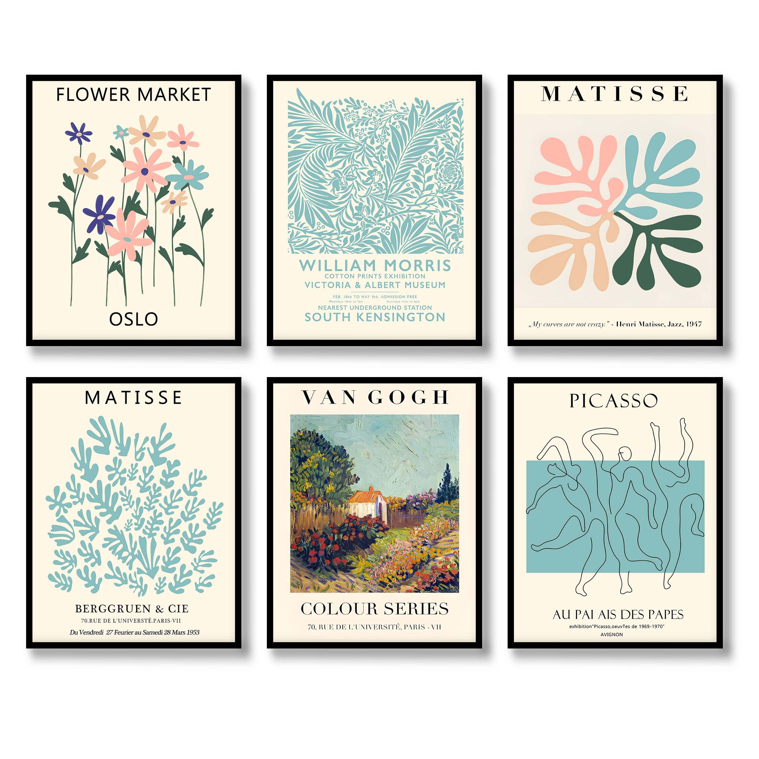 Retro Wall Art Prints Set of 6 Vintage Positive Posters Famous Abstract Illustration Wall Decor Exhibition Aesthetic Flower Market Picture Matisse Inspiring Photo Canvas Art Painting for Corridor
