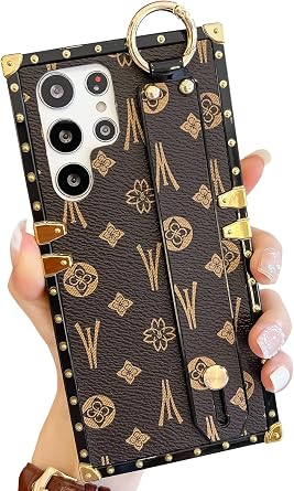 Luxury Compatible with Galaxy S22 Ultra Case with Strap, Classic Retro Designer Case for Women Girls, Hand Holder Stand Kickstand Shockproof Protective Case 6.8 Brown