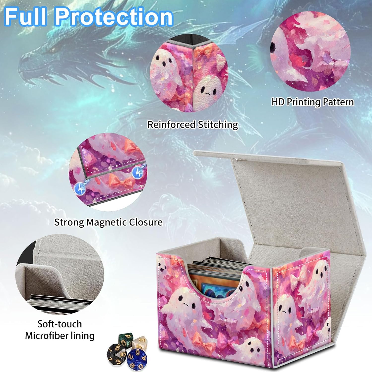 Cute Ghosts Deck Box for MTG Commander | Holds 100+ Double-Sleeved Cards | Strong Magnetic TCG Card Case for Collectible Games