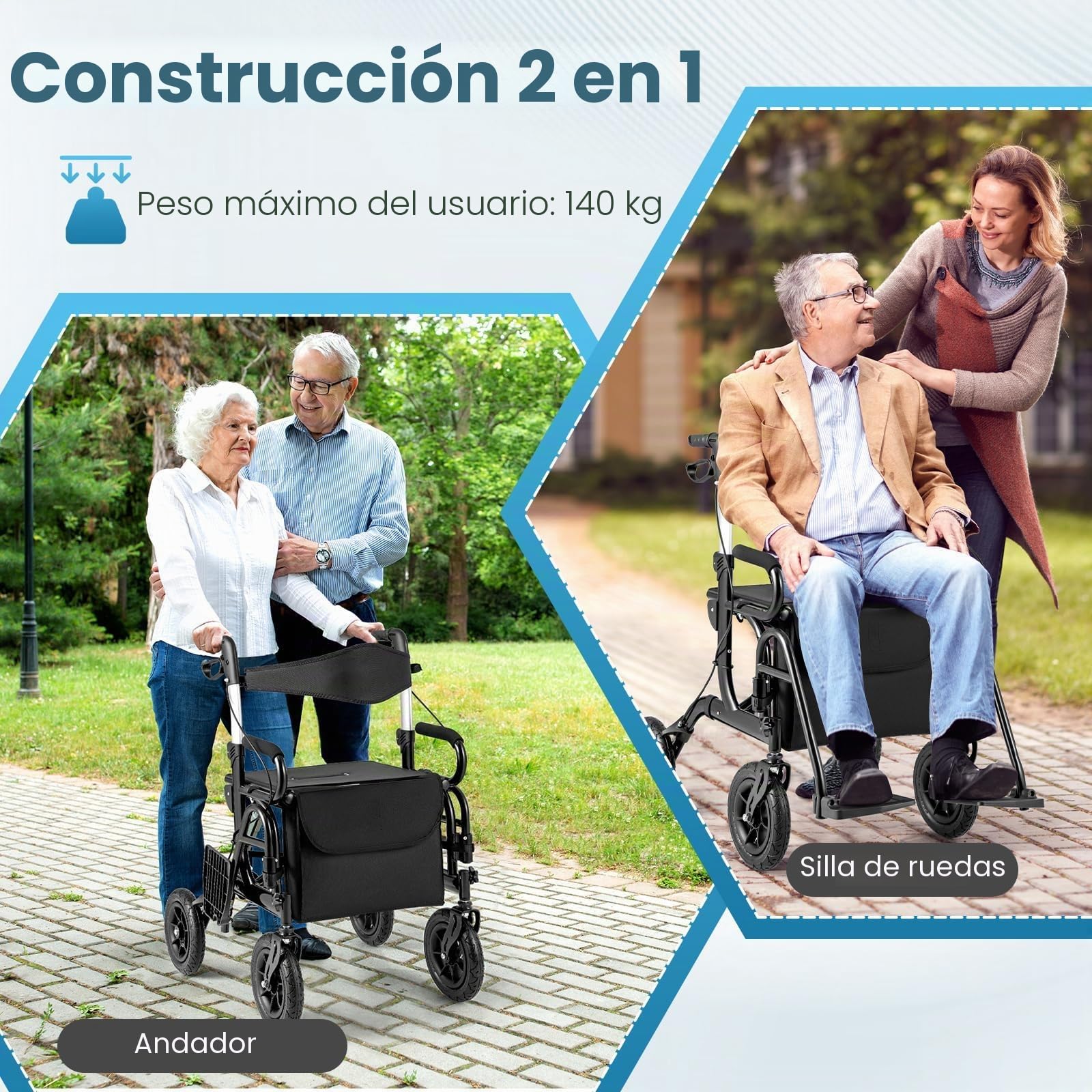 FANTASK Andador de viaje 2 en 1 para silla de ruedas y de viaje, de aluminio con diseño plegable, color negro con sistema de ajuste de altura, silla de ruedas con bolsa y soporte para bastones