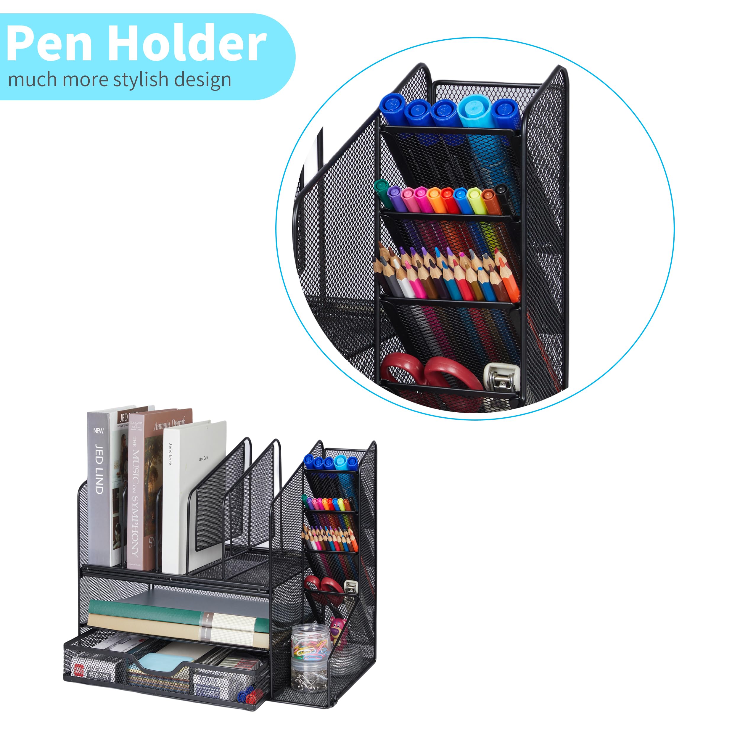 Mesh Desk Organizers and Accessories with Sliding Drawer ,Double Tray,4 Pen Holder Racks,5 Vertical File Holders,Desktop Organizer,Desk File Organizer and Storage for Office and School Supplies