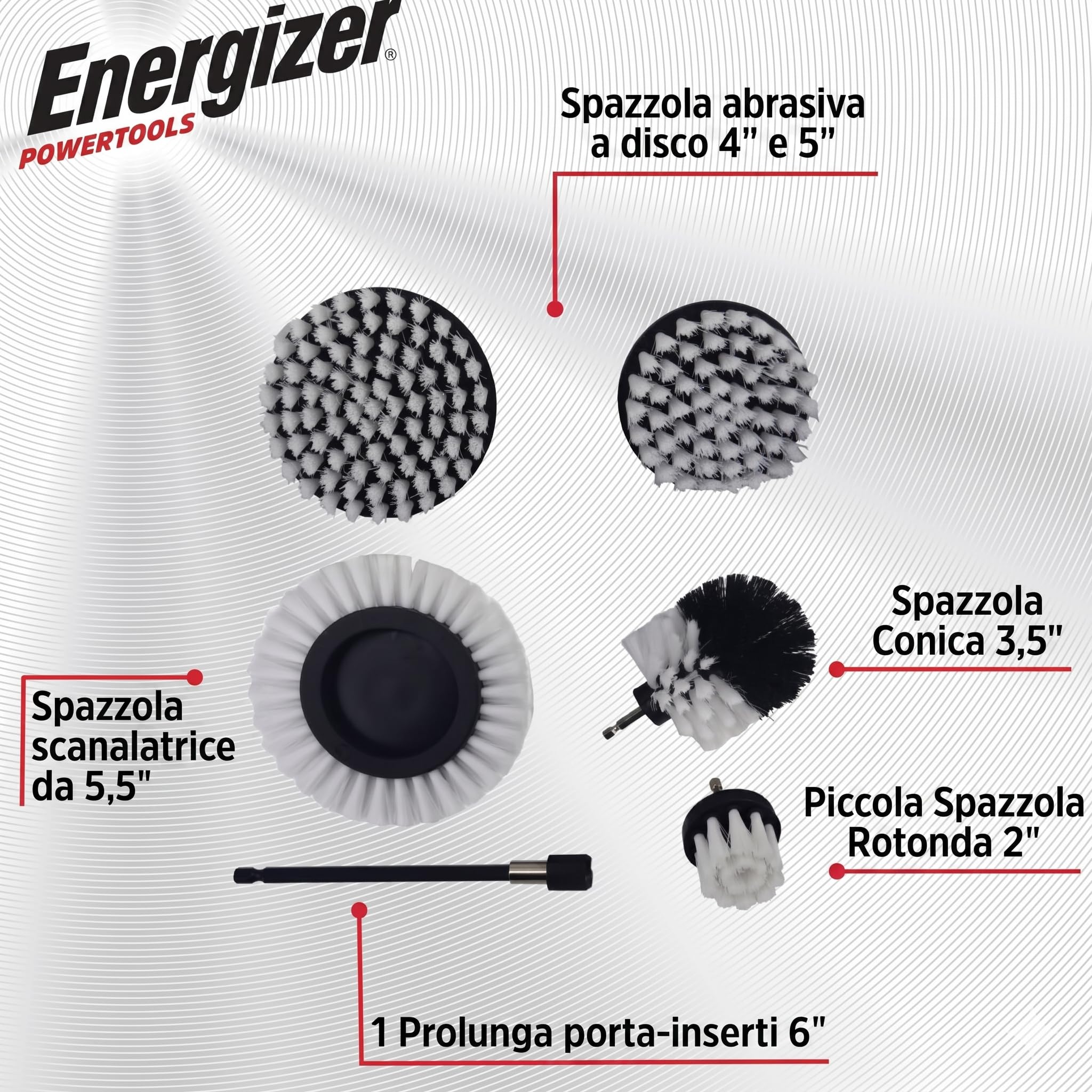 Energizer - Set di spazzole per pulizia trapano, 6 pezzi, spazzola per trapano auto, pulizia, cerchioni, piastrelle, tappeti, vasca, cucina, WC, pavimento - prolunga pratica inclusa