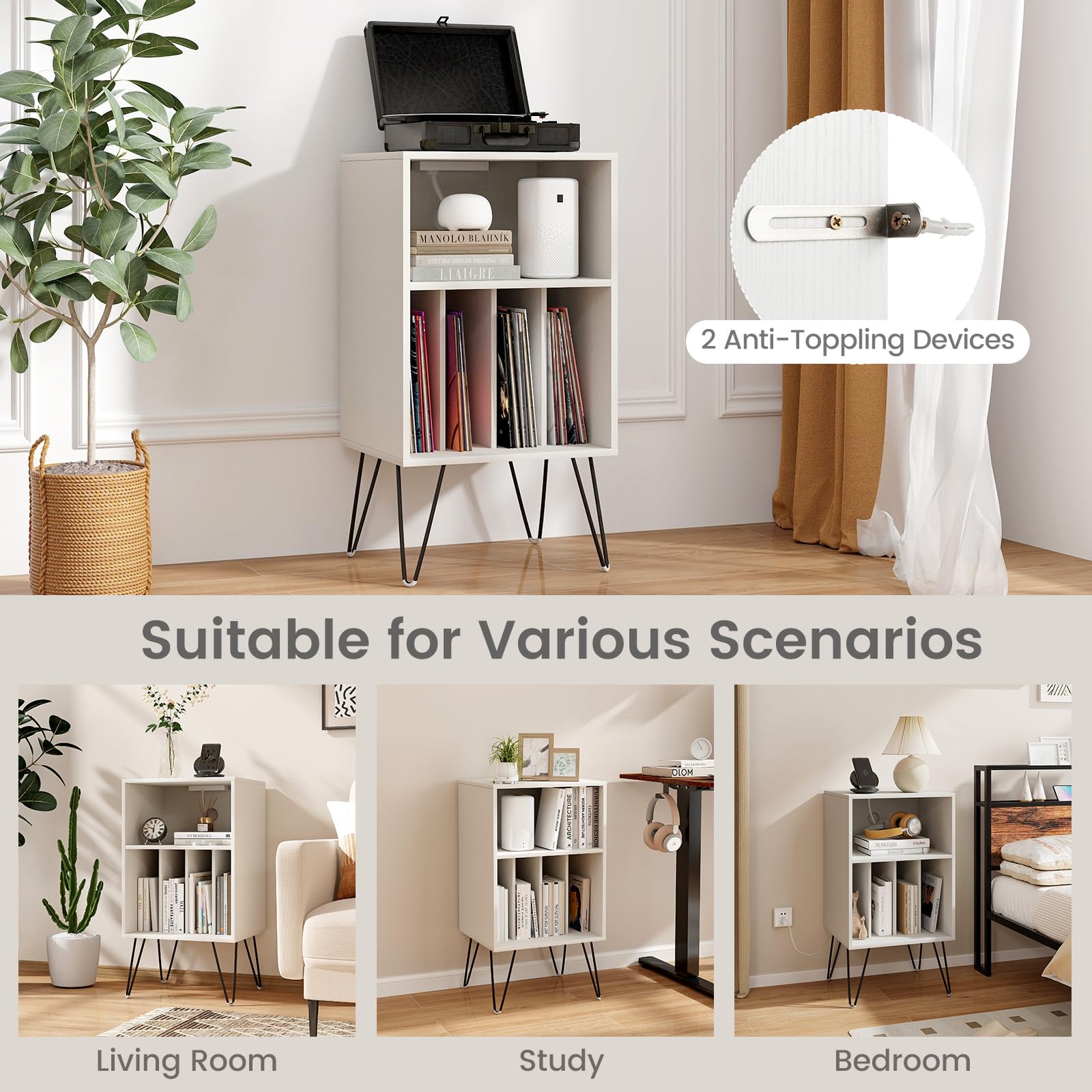 GIANTEX Scaffale per Giradischi a 3 Livelli, Stand per Giradischi Domestico con Stazione di Ricarica, Tavolo Porta Dischi in Vinile con Mensola e 4 Divisori, Scaffale Espositivo (Bianco)