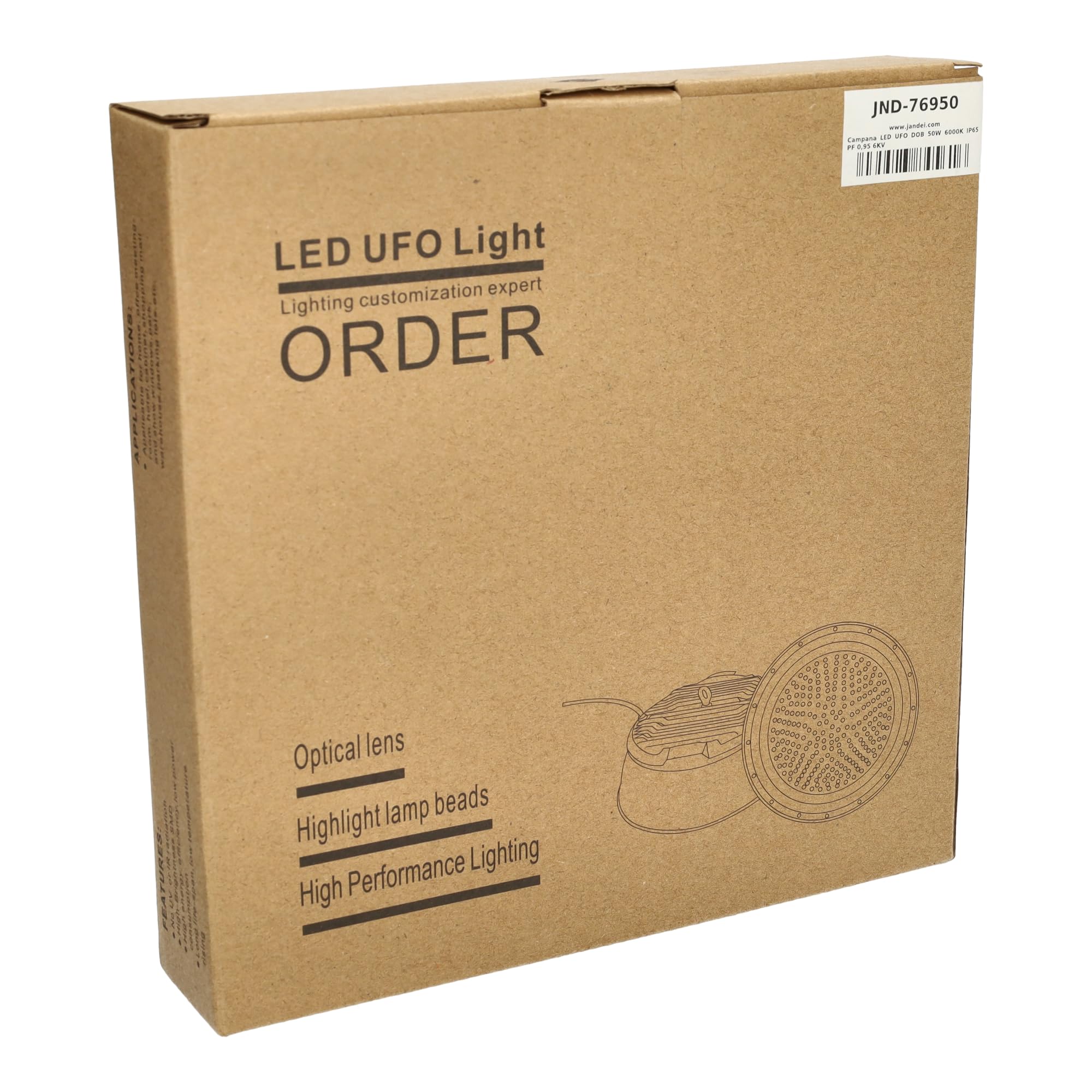 JANDEI - High Bay UFO DOB LED, Bianco 6000K, Alta Potenza con 110 Lm/Watt PF 0,95 6KV, Faretto per Esterni IP65. Perfetto per Ambienti Industriali, Magazzini, Garage... (50w, 6, Pacco)