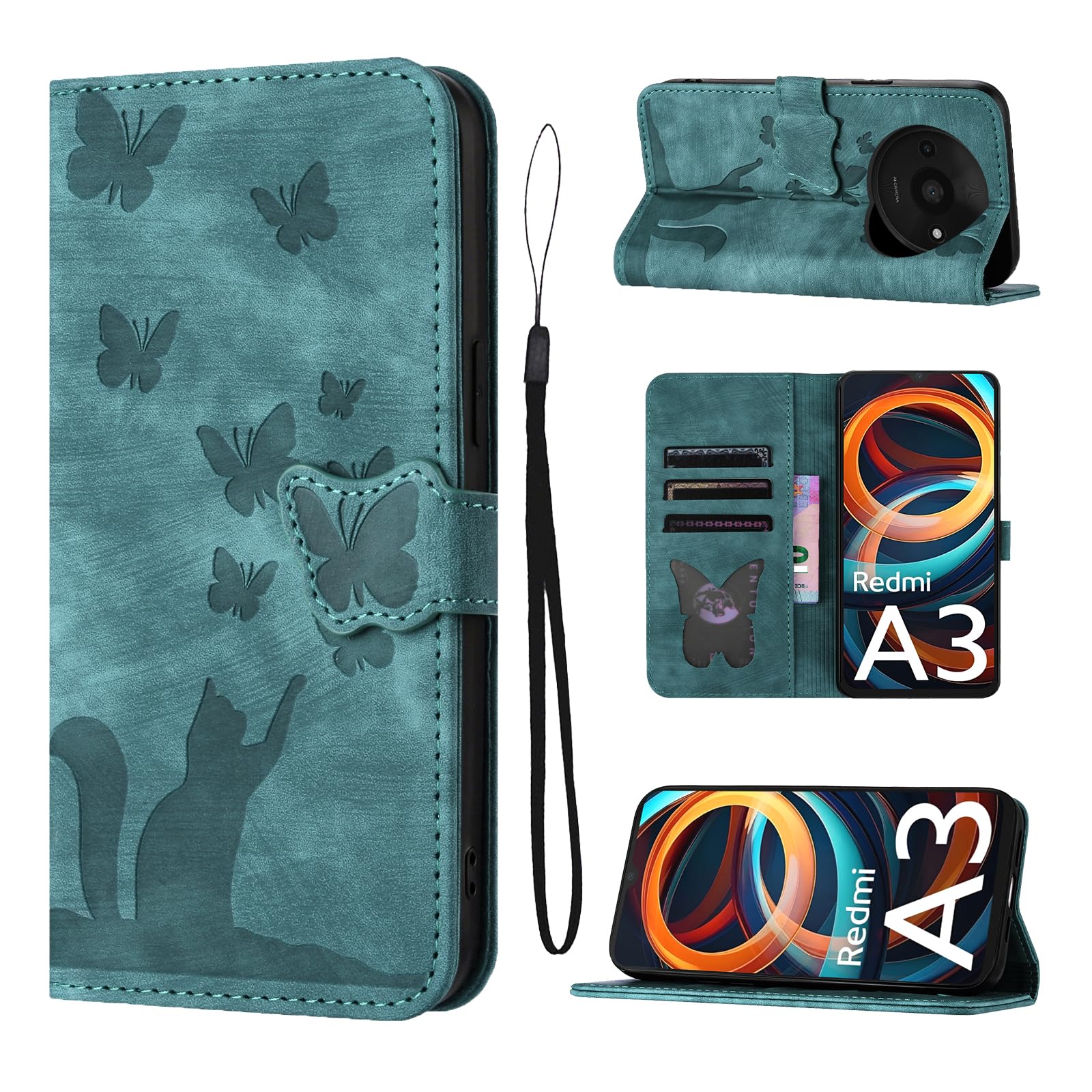 LSPCASA Custodia Per Xiaomi Redmi A3 6.71 Pollici Materiale In Pelle PU Cover Redmi A3 Con Slot Per Schede Reticolo Della Farfalla Del Gatto Protettiva Case Verde