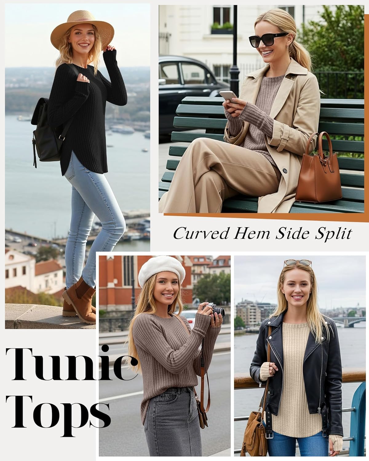 Riyiper 3 Pack Women's Long Sleeve Sweaters with Thumb Hole, Tunic Tops Ribbed Curved Hem Side Split Crew Neck Loose Shirts - Image 2