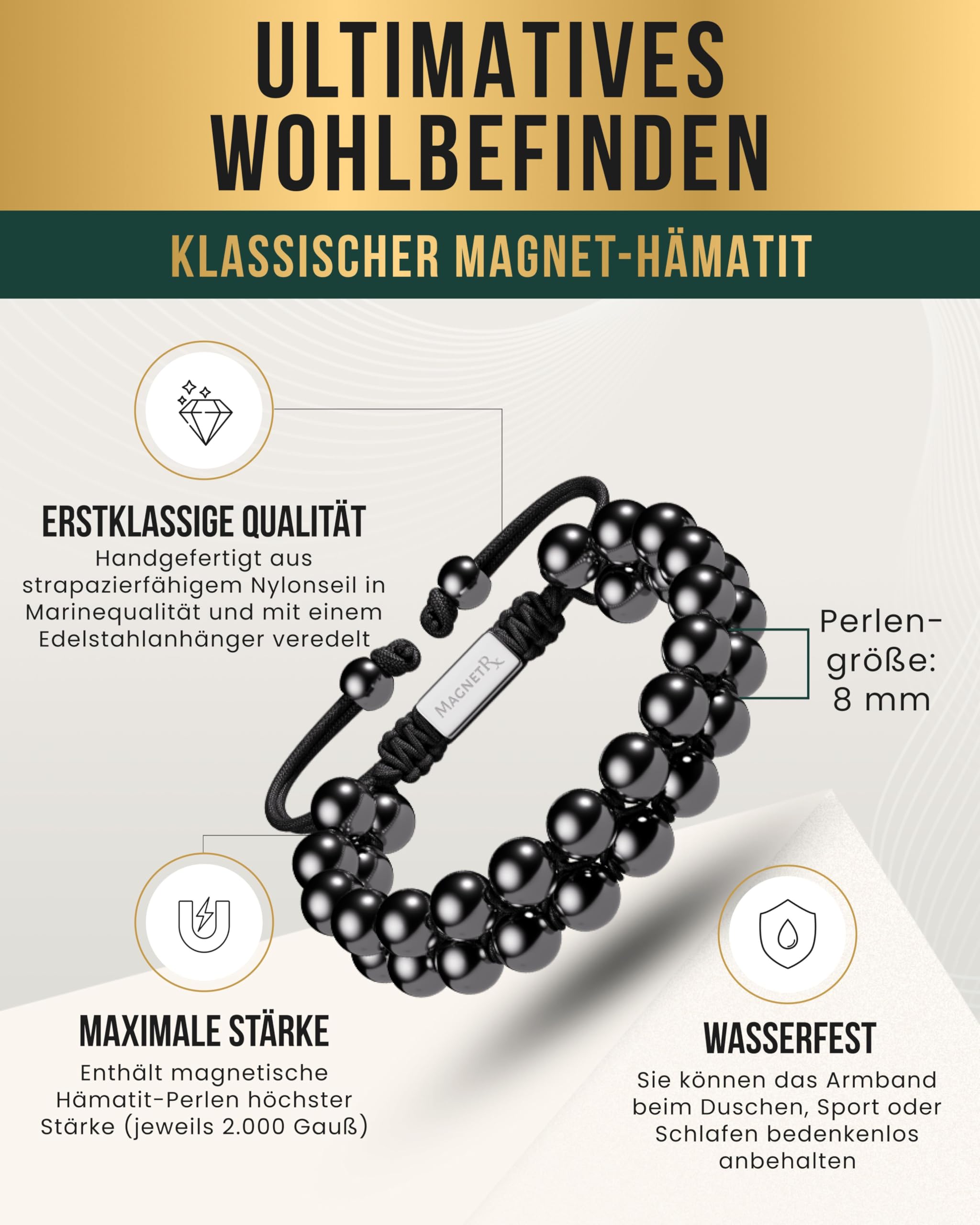 MagnetRX® Hämatit Magnetarmband - Magnetische Hämatit Armbänder mit Perlen (Double Strength 8mm)