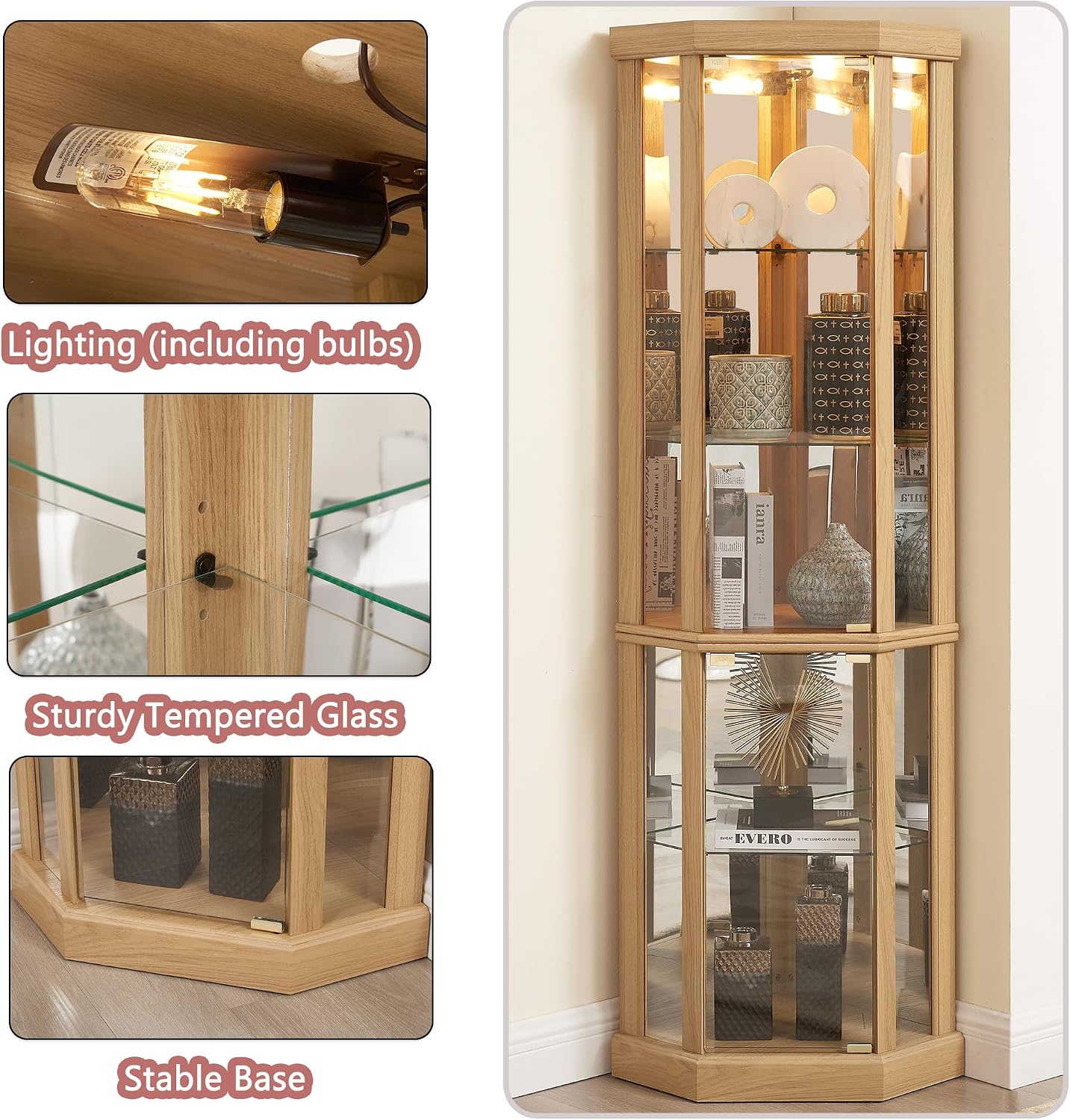 69" H Corner Curio Cabinet with Light, Corner Glass Display Showcase with Adjustable Shelves & Glass Doors, Wooden Accent Storage Curio Storage Rack for Living Room (Light Oak)