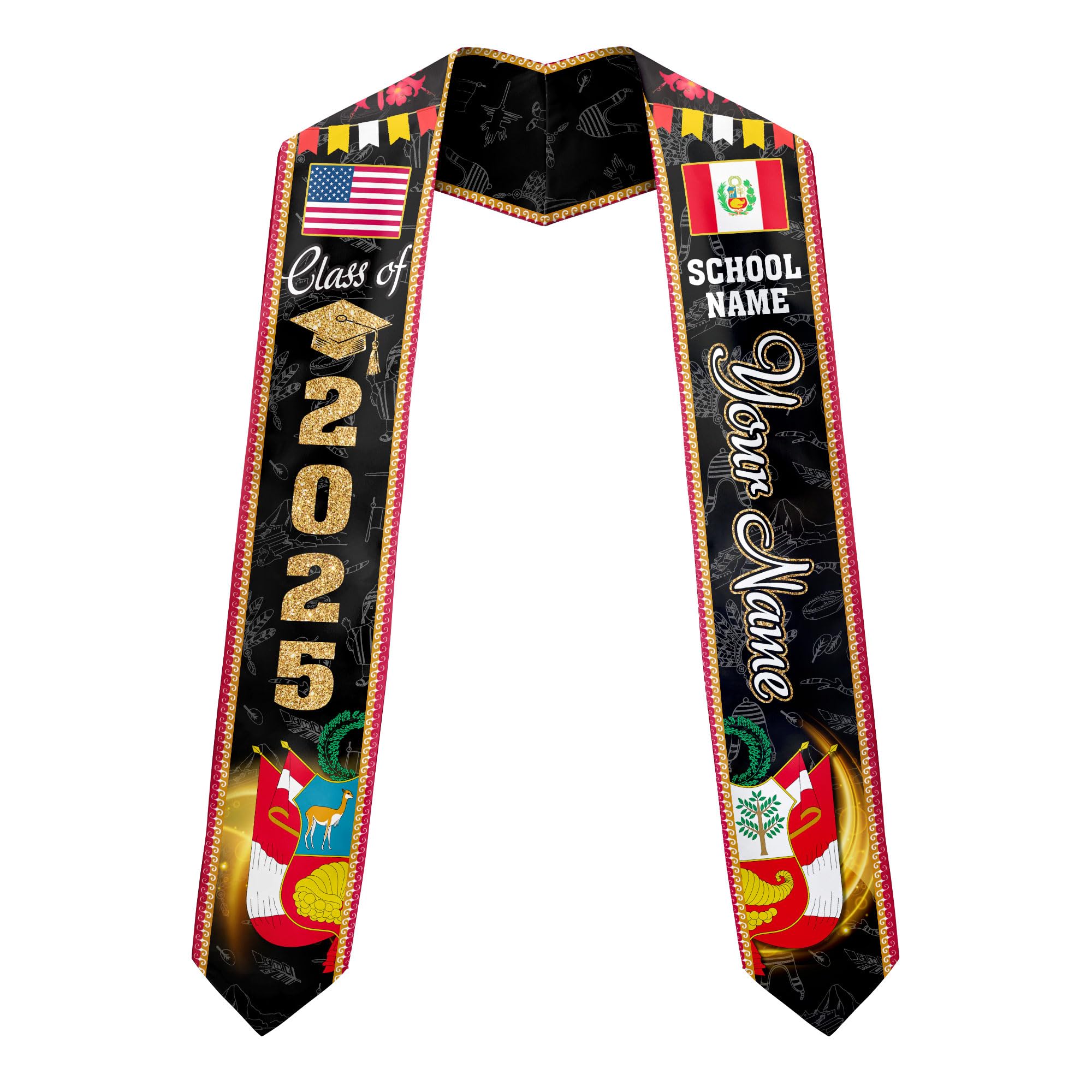 MonkeyVan Personalized Peruvian Graduation Sash, Custom Peruvians American Flag Graduation Stole 2025, Peru Graduation Stole S379