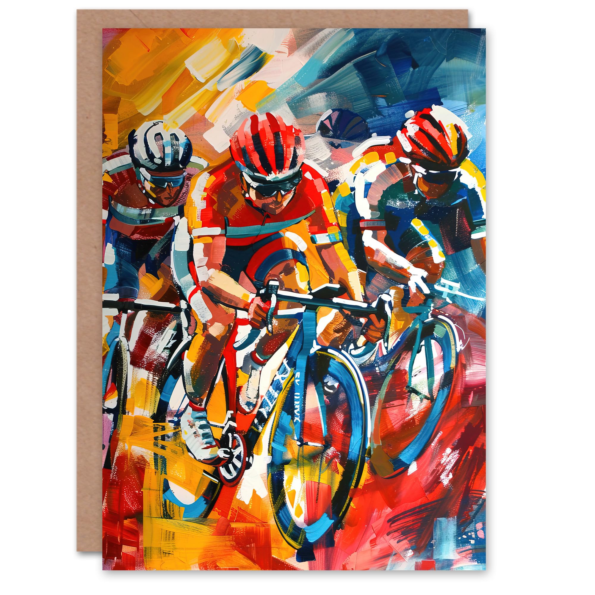 Artery8 Greeting Card Cyclists Racing Colourful Sport Painting For Him Man Birthday Card