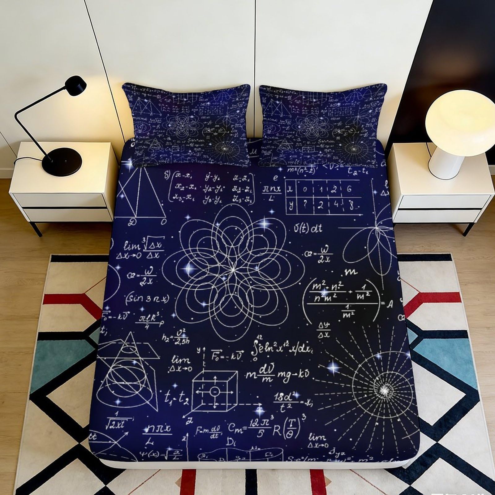 Pnayamiorkfel Style-10 3D Printed Mathematical Formula Fitted Sheet Microfiber Dark Blue Geometry Bed Cover Non-Slip Washable For Bedroom Decor 90X200x25cm