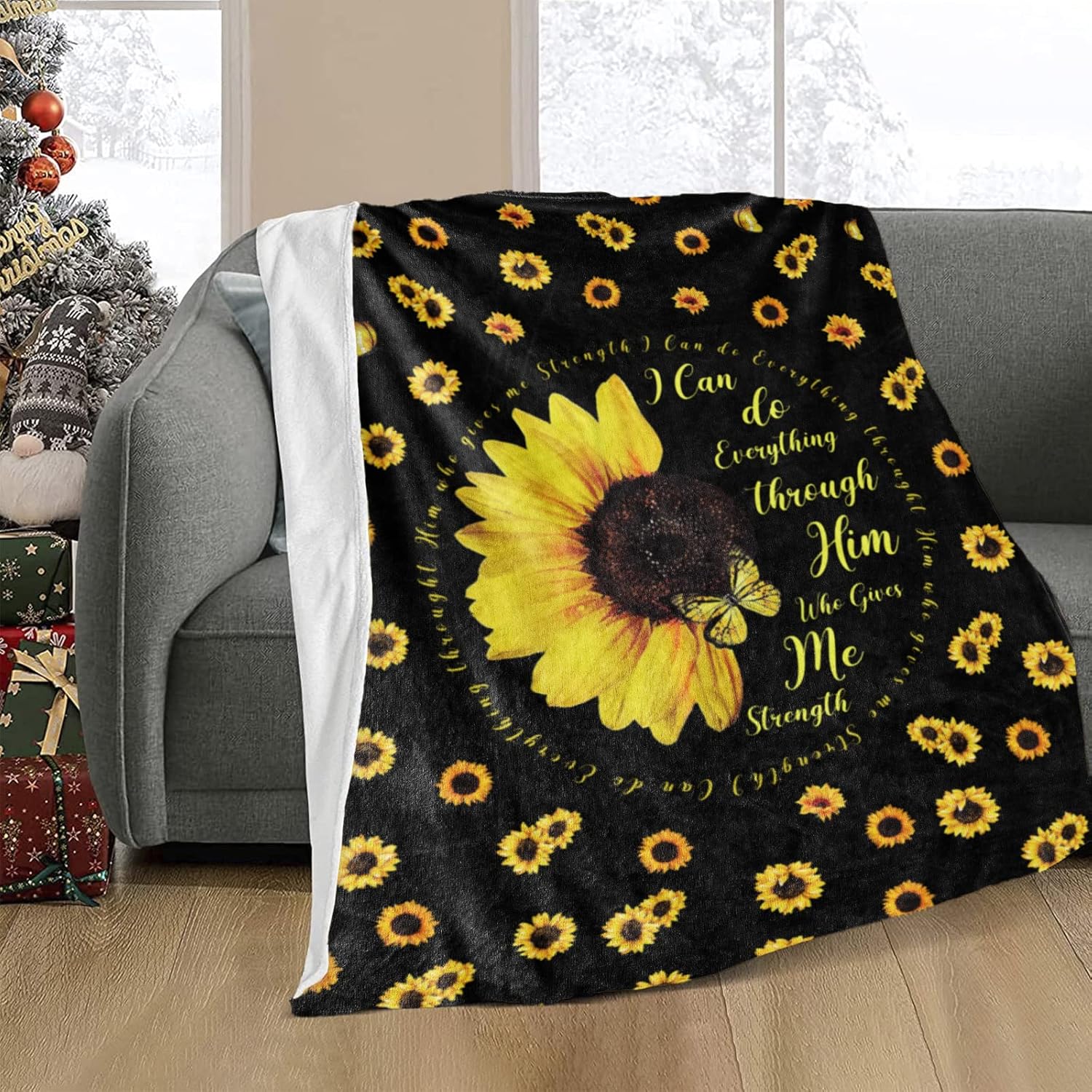 Sunflower Flannel Fleece Blanket, Butterfly and Sunflower