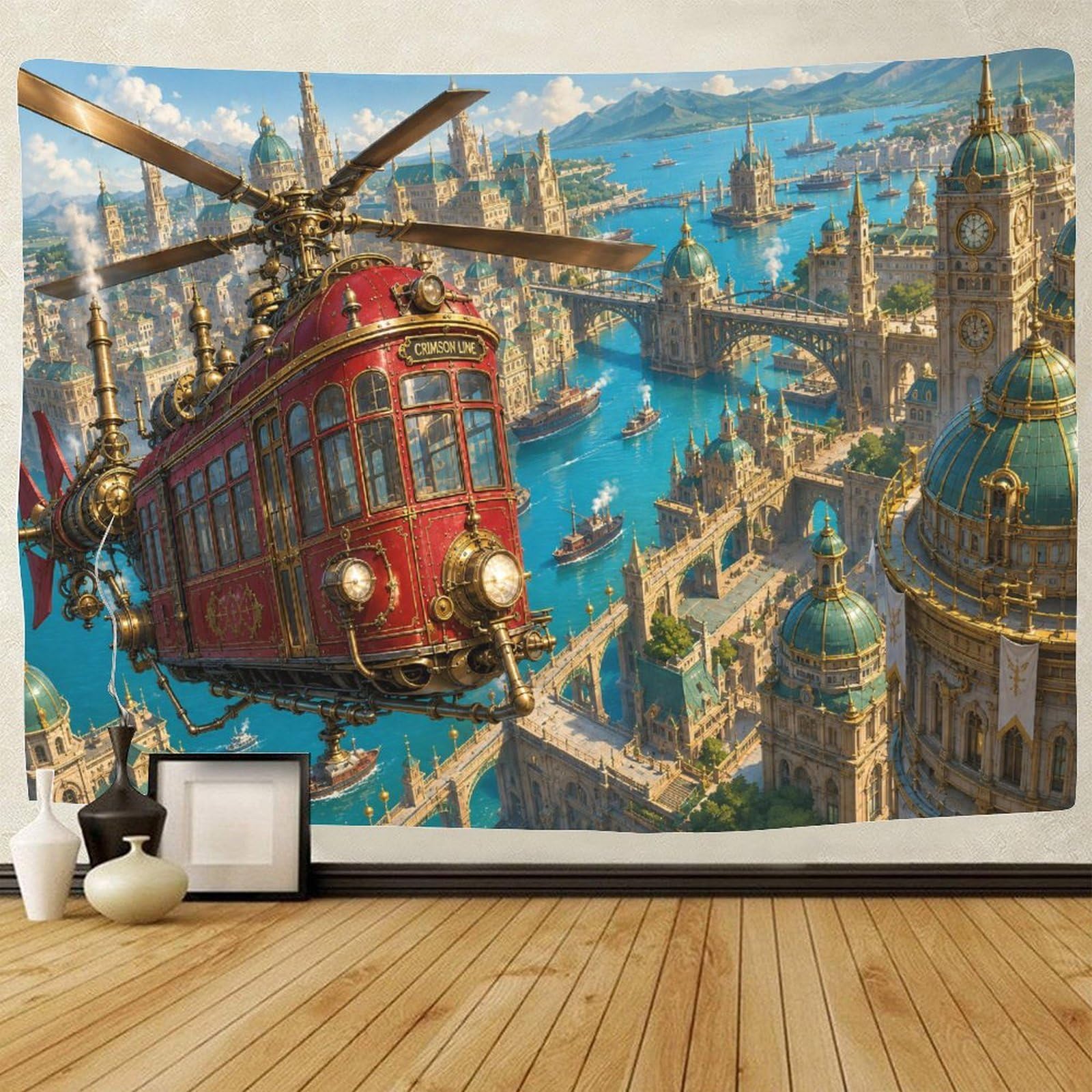 GPMNBCXZK Steampunk Airship Painting 3D Print Wall Hanging Decor Wall Tapestry Tapestries Home Decoration Curtain Bedroom Living Room 150cmx200cm