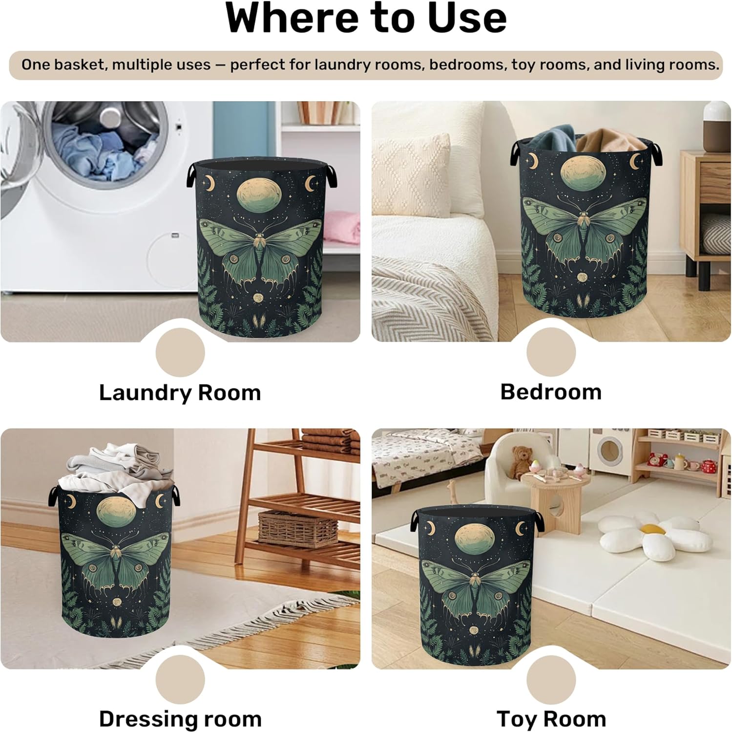 Gothic Moon Moth Foldable Laundry Hamper - Waterproof Fabric Storage Basket with Handles, Clothes Hampers for Laundry,Bedroom,Dorm