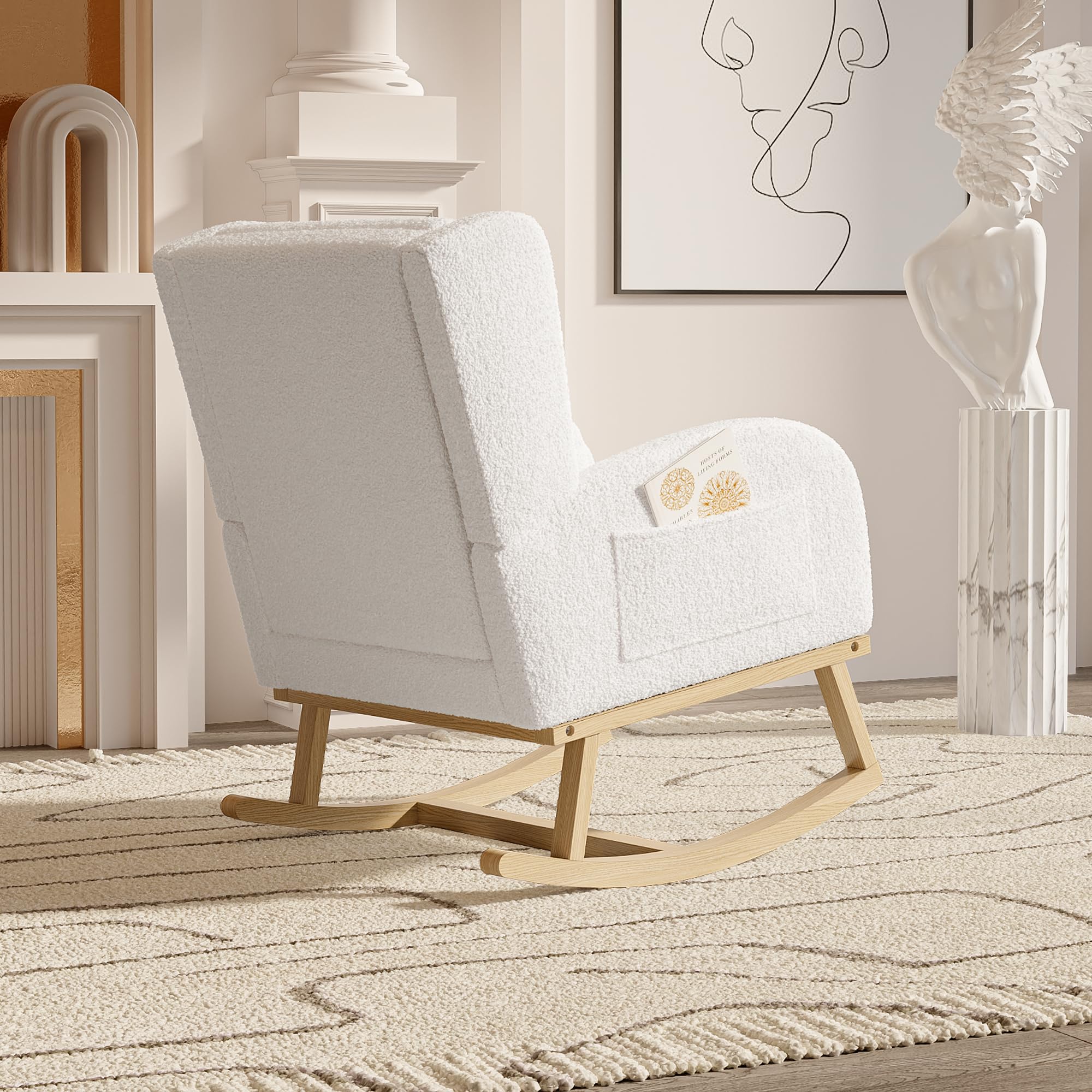 Rocking Chair,Living Room Rocking Chair Interieur,Chaise à Bascule avec Coussin Lombaire, Fauteuil a Bascule Allaitement en Velours Teddy avec Pieds en Bois Massif, Blanc