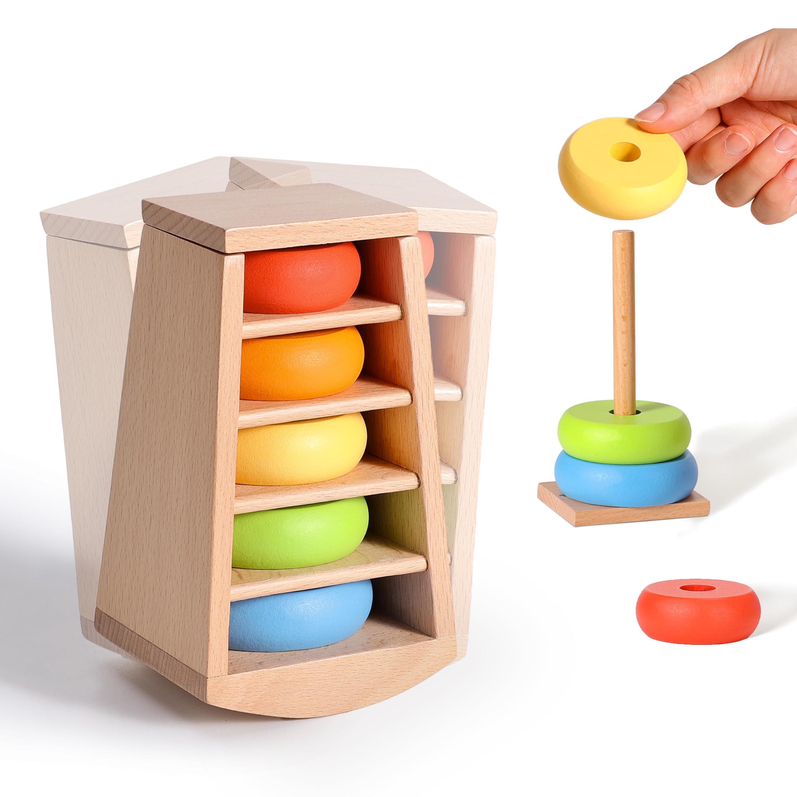 Woodtoe Rainbow Rings Size Sorting Toys, Wooden Montessori Stacking Toy for Babies 18+ Months, Rainbow Stacker, Wooden Ring Educational Learning Toys, Sensory Travel Gift Game for Toddlers Boys Girls