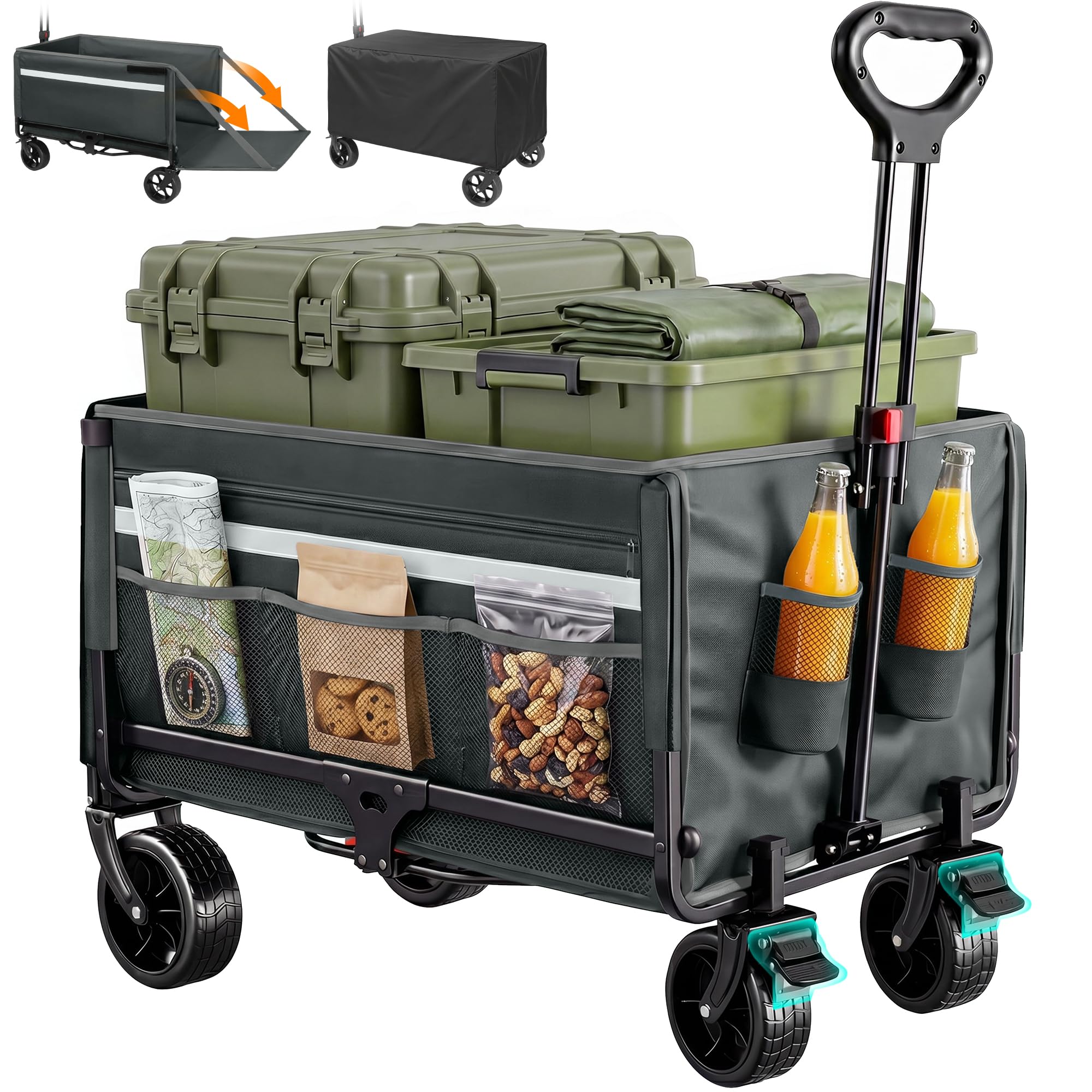 Carro plegable 120L +, hasta 150 kg, con portón trasero, protección contra la lluvia, frenos | Tiras reflectantes, carro de playa plegable, carrito plegable para perros, compras, camping, playa, transporte, exterior