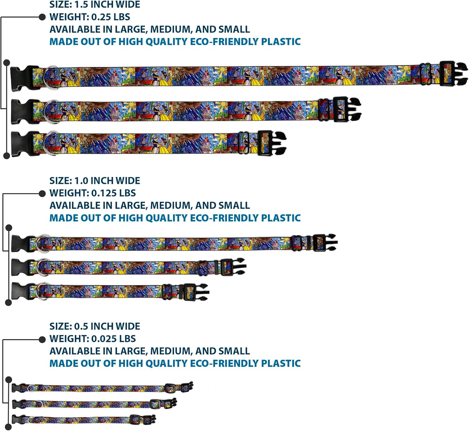 Buckle-Down Plastic Clip Collar - Beauty & the Beast Stained Glass Scenes - 1.5" Wide - Fits 18-32" Neck - Large