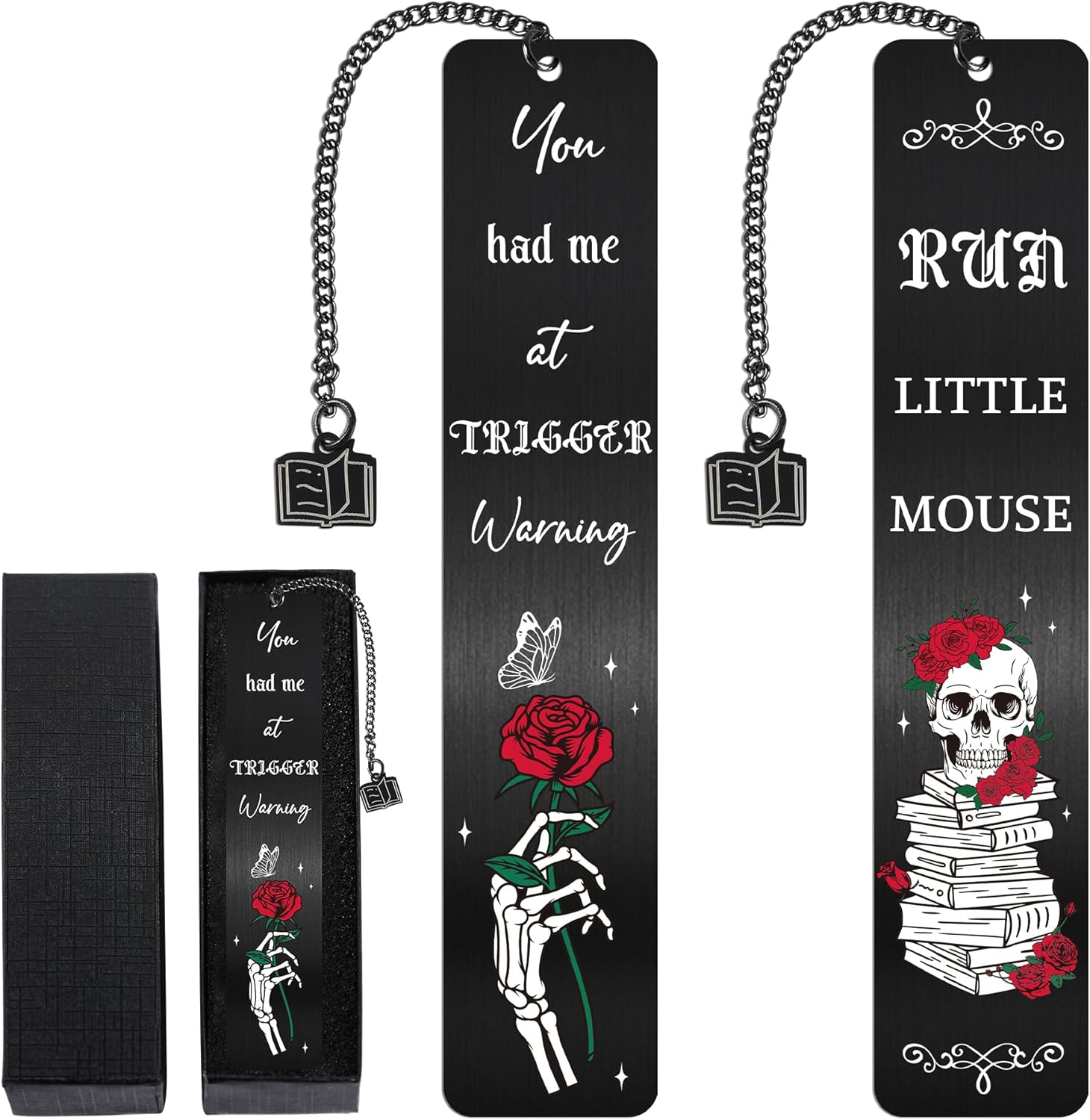 Dark Romance Metal Bookmarks for Women, 2 Pcs Gothic Skull Rose Book Mark with Chain Pendant, Vintage Aesthetic Book Marker Clips for Readers Book Lovers Gifts Dark Romance Merch Christmas Stuffer