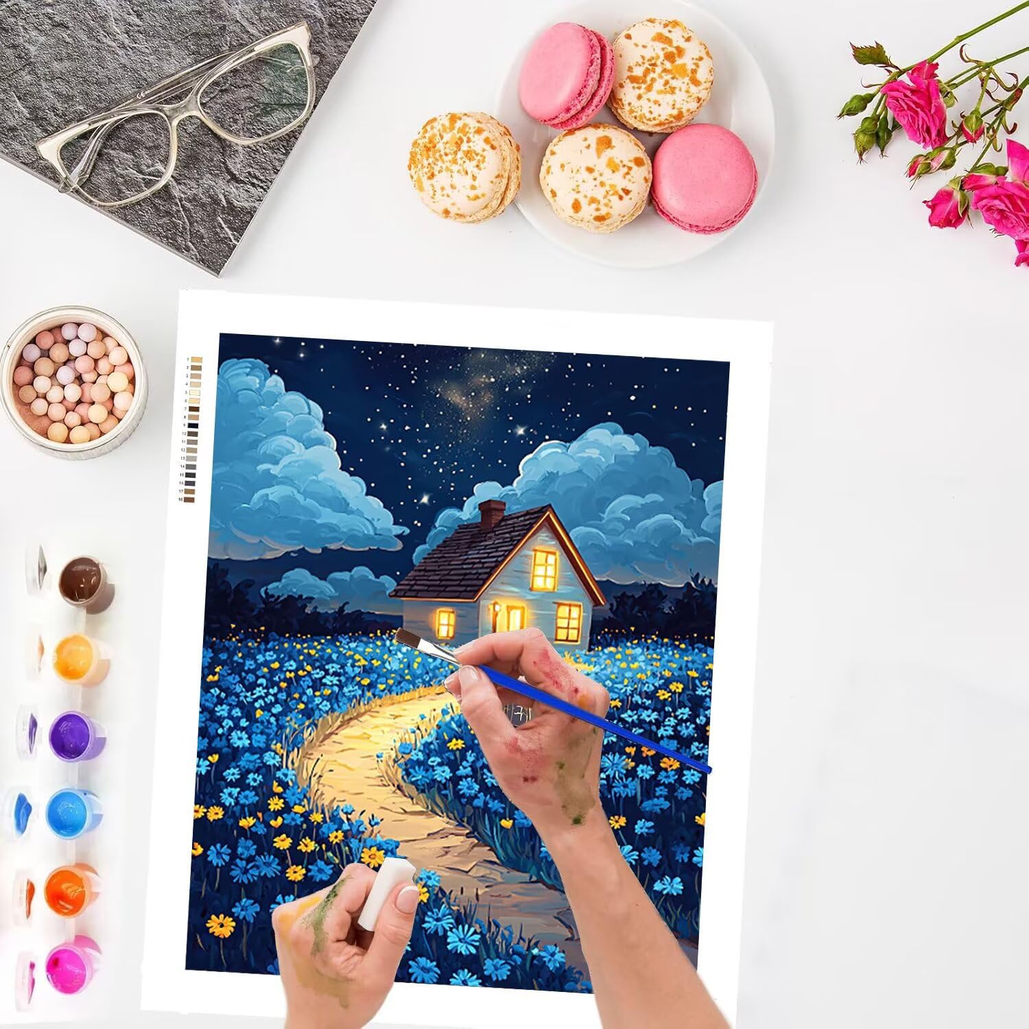 WEISHIWE Casetta floreale Dipingere con i Numeri per Adulti, 70x90cm a-434 | Paint by Numbers Kit con Pennelli e Acrilico Pigmento, Fai da te Olio La Pittura di Numeri Kit, Decora la Casa, senza Cornice
