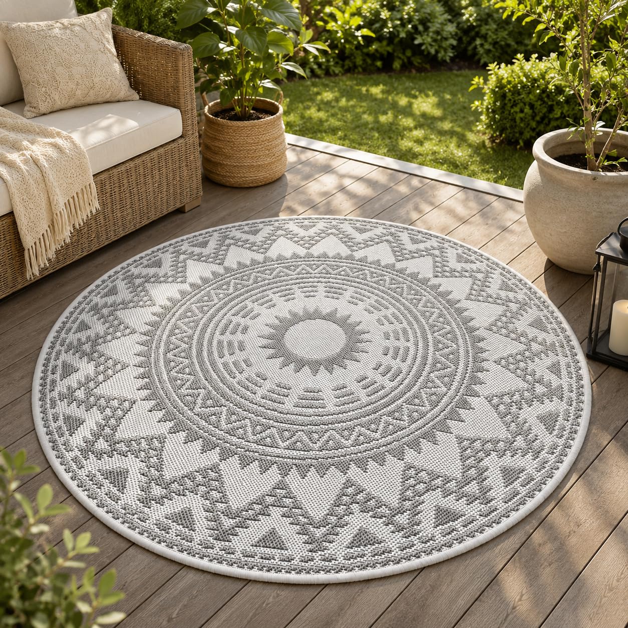 Non-Slip Round Rug 100 cm (39.4") – Boho Flatweave Indoor Outdoor Rug for Patio, Balcony, Kitchen, Dining Room, Living Room or Bedroom, Washable Floor Mat (Geometric Pattern – Beige Cream)