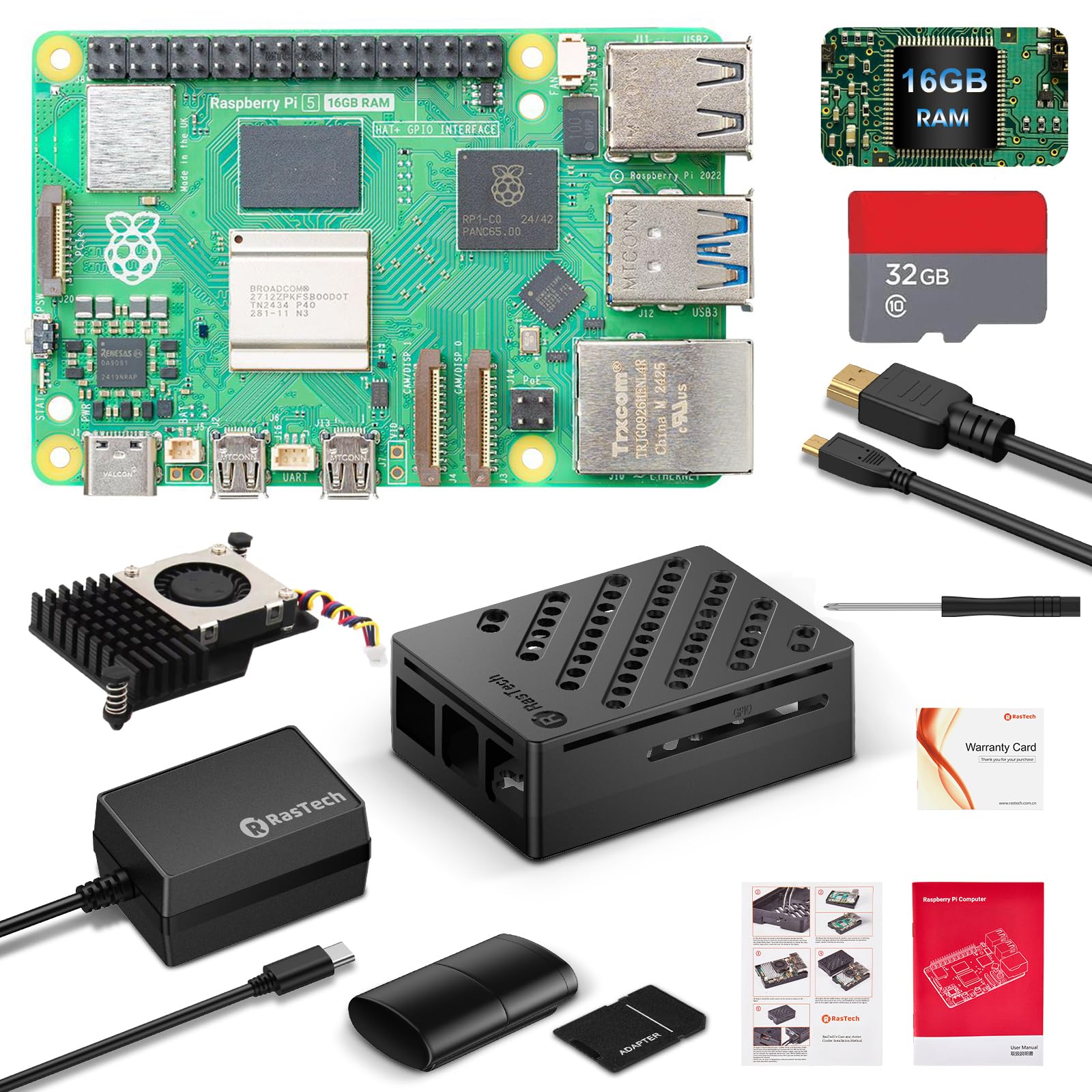 RasTech - Kit per Raspberry Pi 5 da 16 GB con alimentatore USB-C GaN 27 W 5,1 V 5 A, dispositivo di raffreddamento attivo, kit riders per schede da 32 GB, cavo Micro HD Out 4K, custodia per scheda Pi