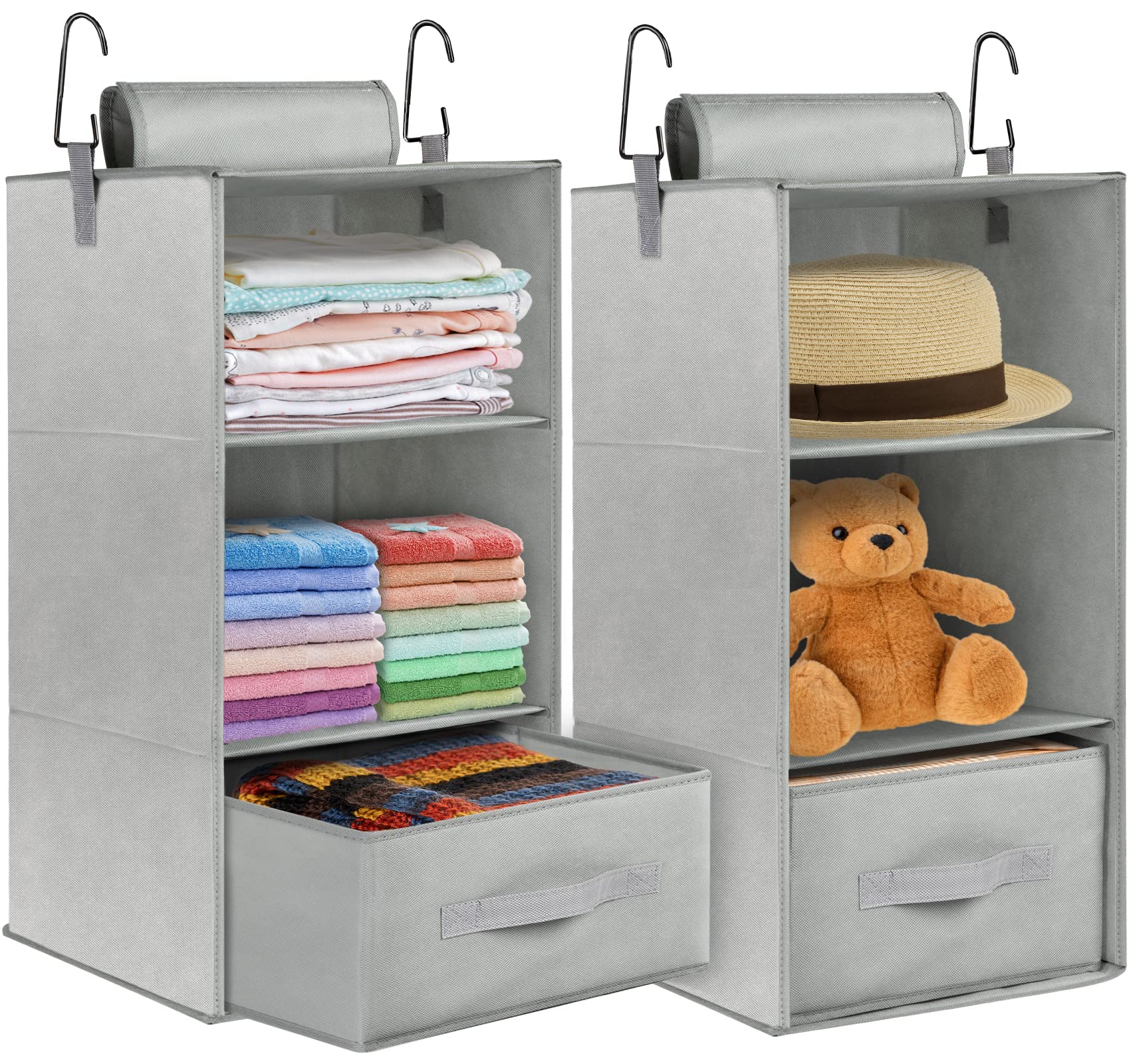 Hanging Closet Organizer, 2 Pcs 3-Shelf Hanging Closet Shelves with Drawers, Foldable Hanging Shelf Organizer for Clothes Closet Wardrobe Nursery Dresser Rv Camper Dorm Bedroom Storage, 22.8x11x11in