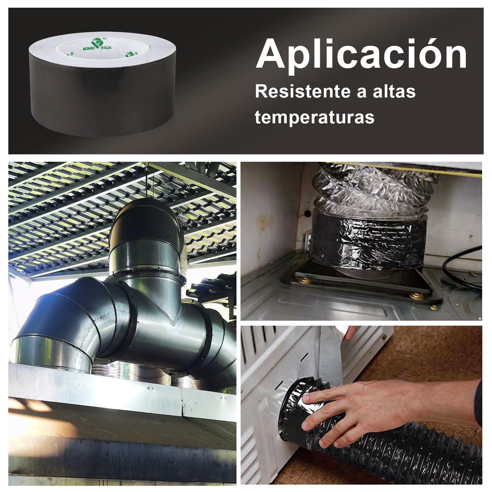 BOMEI PACK 50mmx50m Negro Cinta adhesiva de aluminio aislante térmico - Rollo de aluminio adhesivo de alta temperatura de reparaci ón - Cinta de Aluminio para Sellar Sistemas