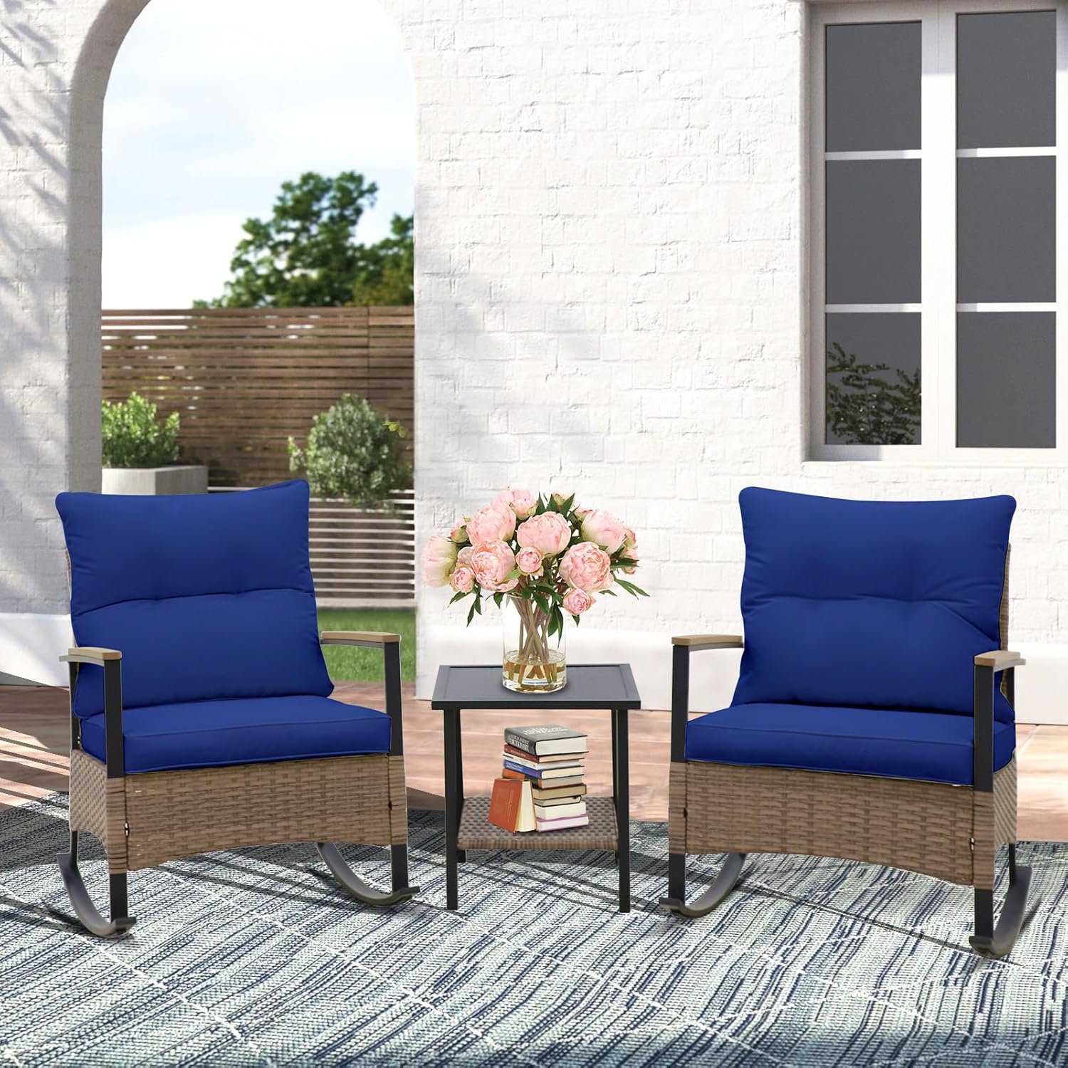 EAGLE PEAK 3 Piece Mojave Dusk Outdoor Conversation Set, Patio Wicker Furniture, 2 Rocking Chairs and Side Table, Light Brown/Blue