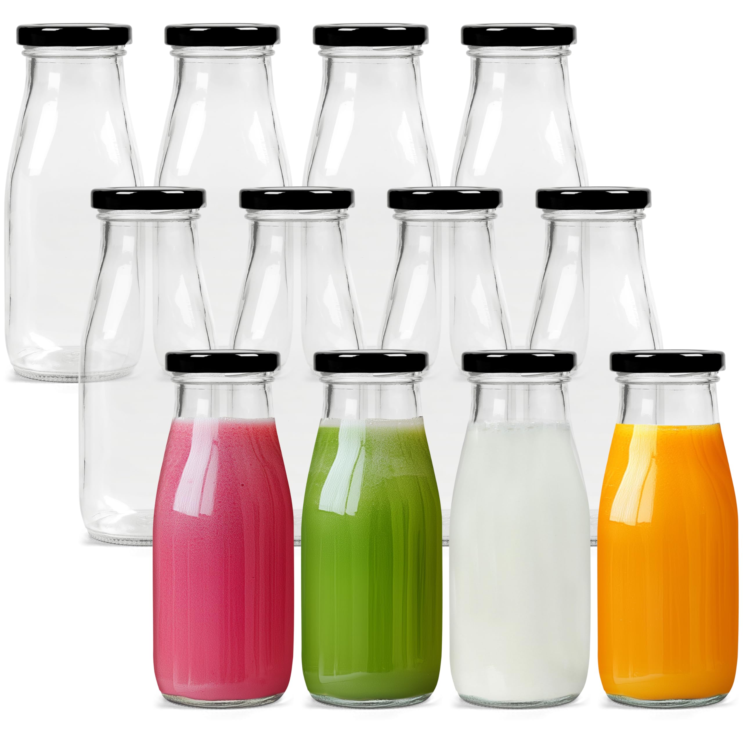 Belle Vous Clear Reusable Glass Bottles With Metal Lids (Pack Of 12) - 300Ml Vintage Milk Bottle - Retro Smoothie Bottle - Ideal For Bbq, Weddings And Parties