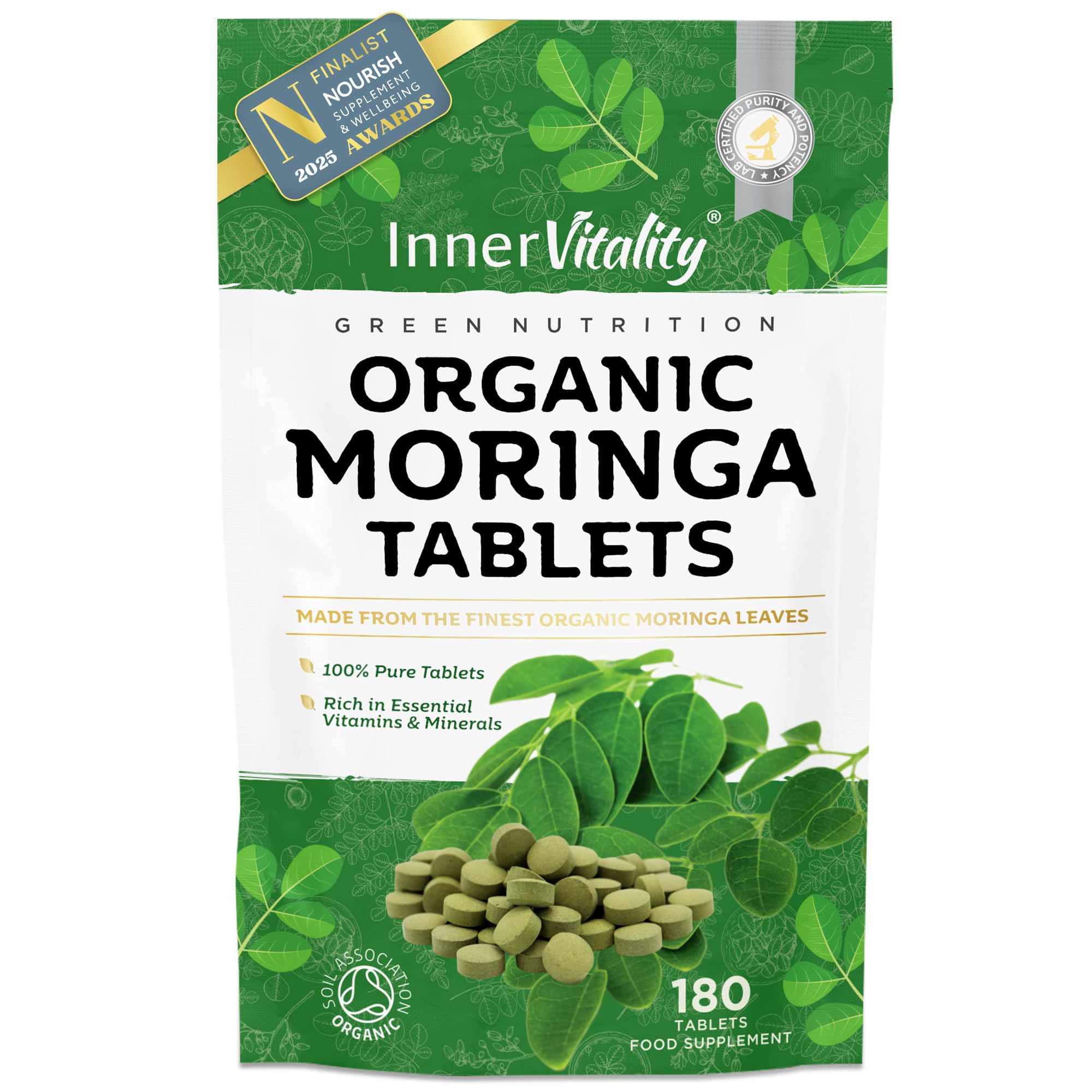 Organic Moringa Tablets 180x Award Winning with Pure Natural Moringa Leaf 2-Month Supply, Easier to Swallow Than Moringa Capsules & Powder, Rich in Essential Vitamins & Minerals by Inner Vitality