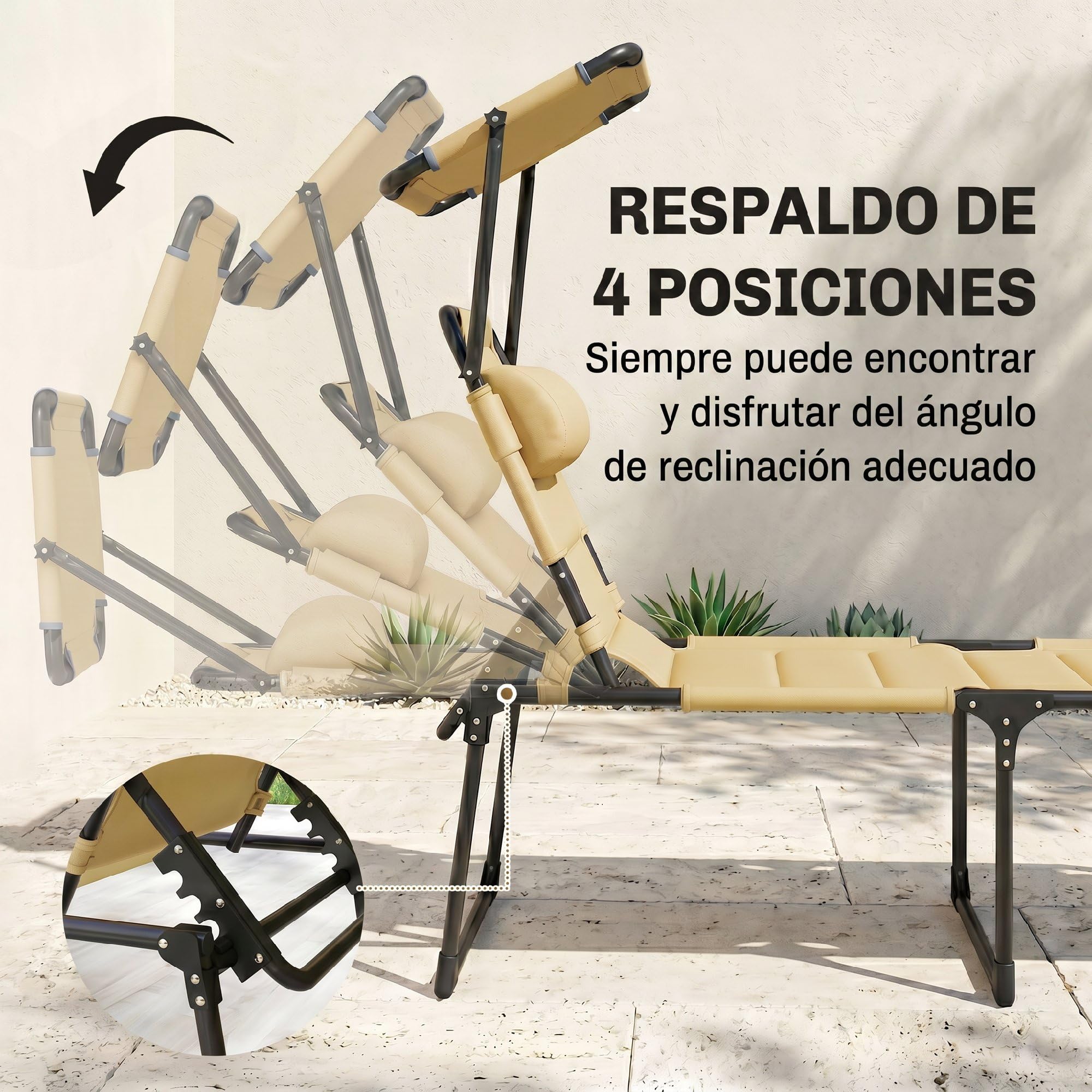Outsunny Tumbona Plegable, Tumbona Jardín Exterior con Toldo Ajustable, Respaldo Regulable en 4 Niveles, Reposacabezas, Cojín Grueso, para Terraza, Piscina, 70x200x45 cm, Crema