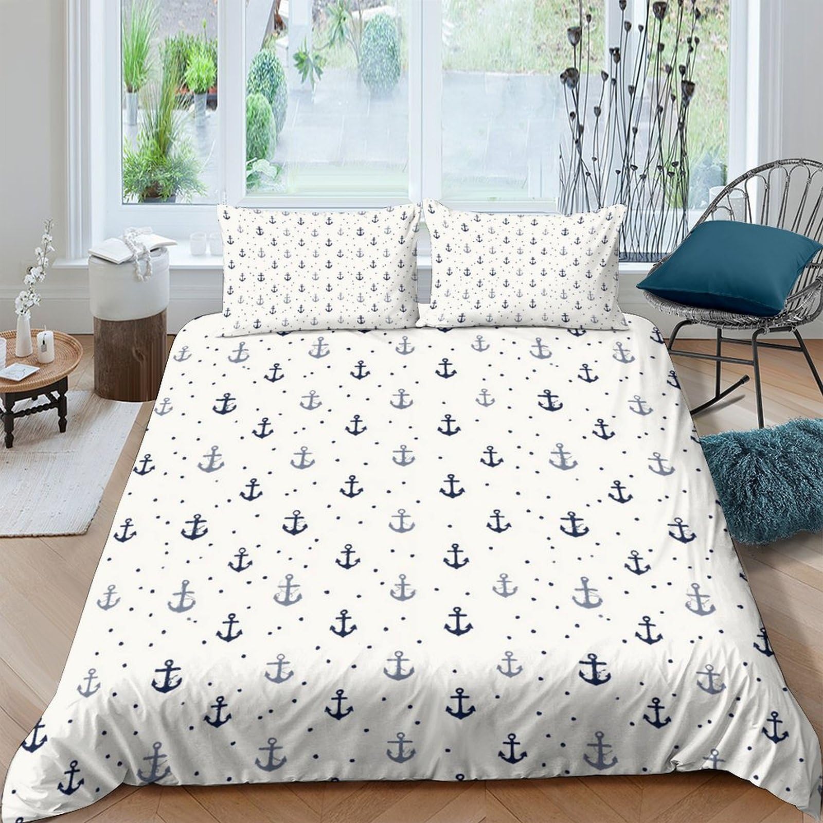 GPLZQXKJNH 3D Printed Nautical Anchor Duvet Cover Microfiber Soft Breathable Marine Bedding Set with 2 Pillowcases for Bedroom Decor Single（135x200cm）