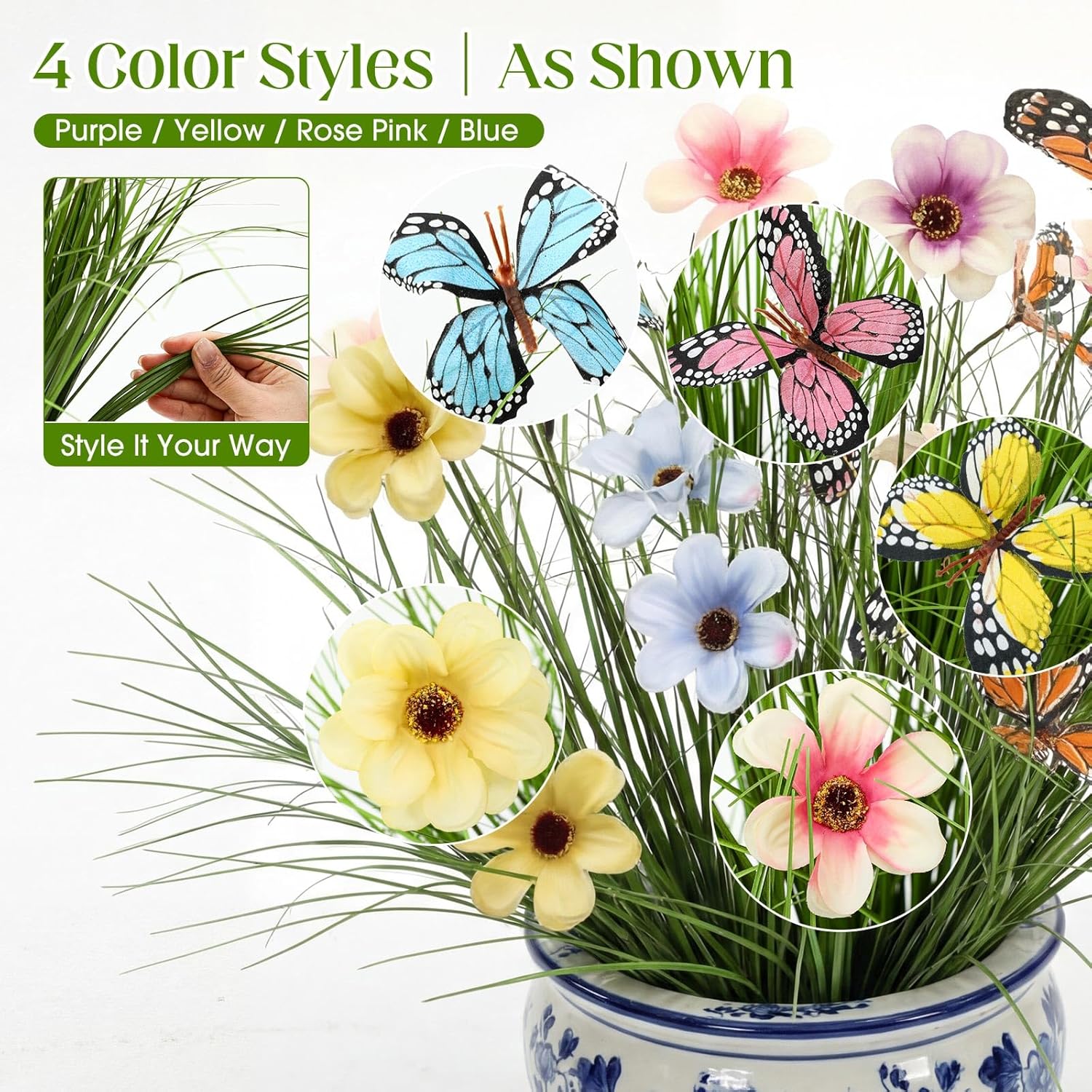 Jexine 4 Pcs Artificial Plants Outdoor 20 Inches Fake Urn Planter Vase Filler Indoor Artificial Onion Grass with Flowers and Butterflies for Home Vase Decor Indoor Outdoor