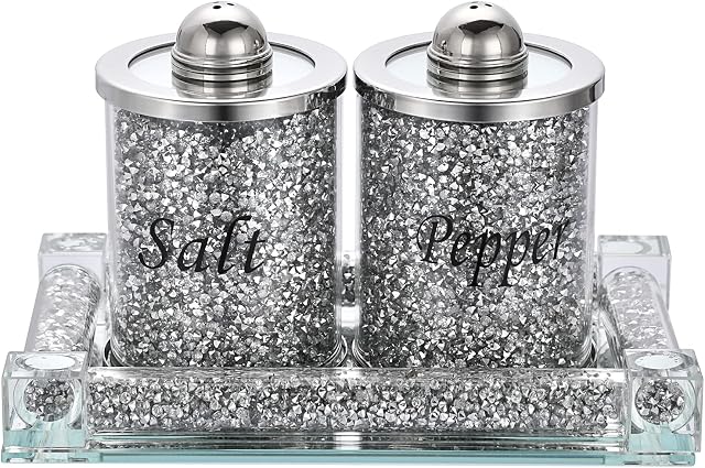 JUXYES Set of 3 Sparkle Glass Crystal Crushed Diamond Salt and Pepper Shakers With Tray, Luxurious Diamond Style Salt Pepper Jar Canister Storage Pots for Kitchen Counter Dining Room Home Décor