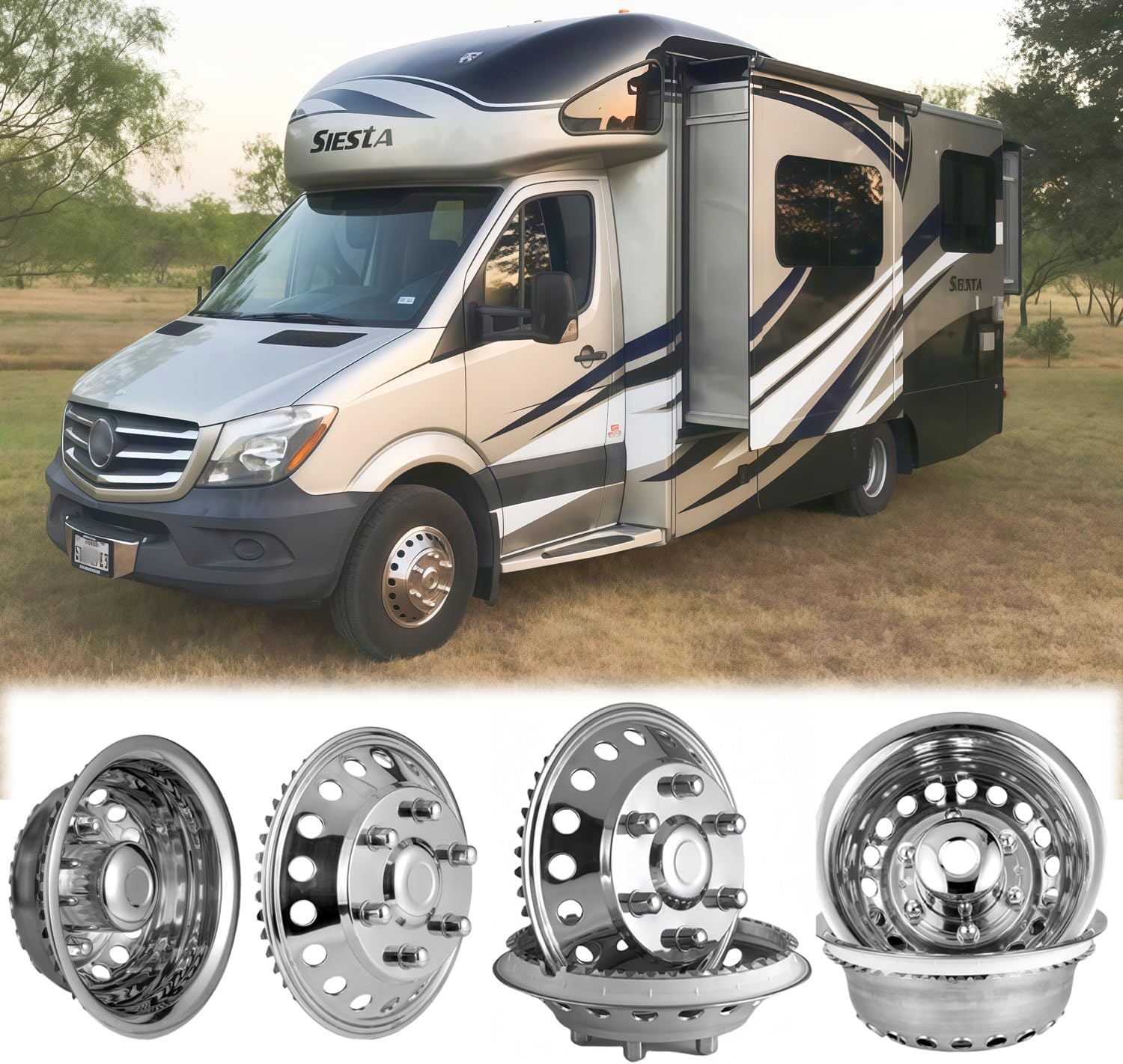 16" Wheel Simulator fit for 2007-2025 Dodge, Mercedes and Freightliner Sprinter Van, 4pcs Waterproof Protective Snap on Hubcaps 6 Lug 18 Hand Hole Polished Stainless Steel Dually Covers 6K06R