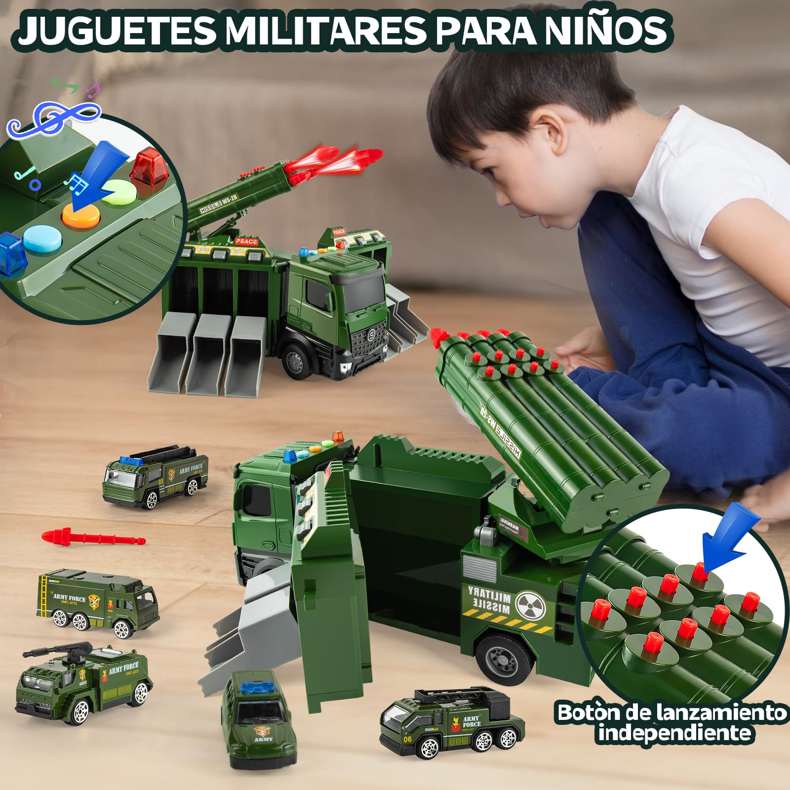 Juguetes camión Militar,32cm Vehículo Militar de Juguete con 8 misiles,Juguetes Militare con 6 vehículos Militares,Luz y Sonido,Camión Militar de Juguete para Niños de 3 años o más
