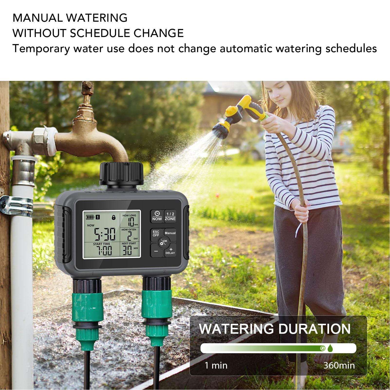 AMONIDA Temporizzatore per Irrigazione a 2 Zone per Giardini con Display LCD Trasparente per Irrigazione Automatica Personalizzabile, Progettato per Proprietari di Case e Appassionati di Piante