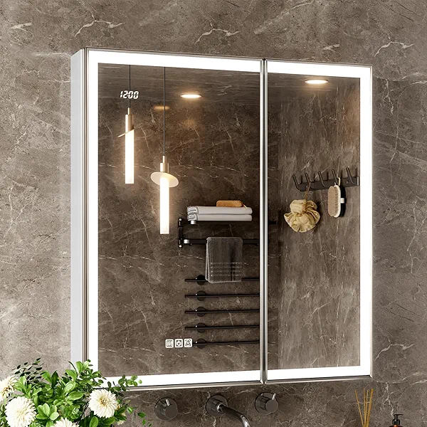 QueenFun 30x32 Lighted Medicine Cabinet with Mirror, Beveled Brushed Nickel Framed Surface or Recessed Fogless Dimmable LED Medicine Cabinet with Lights, Outlet, Time Display and Sensor Inner Light
