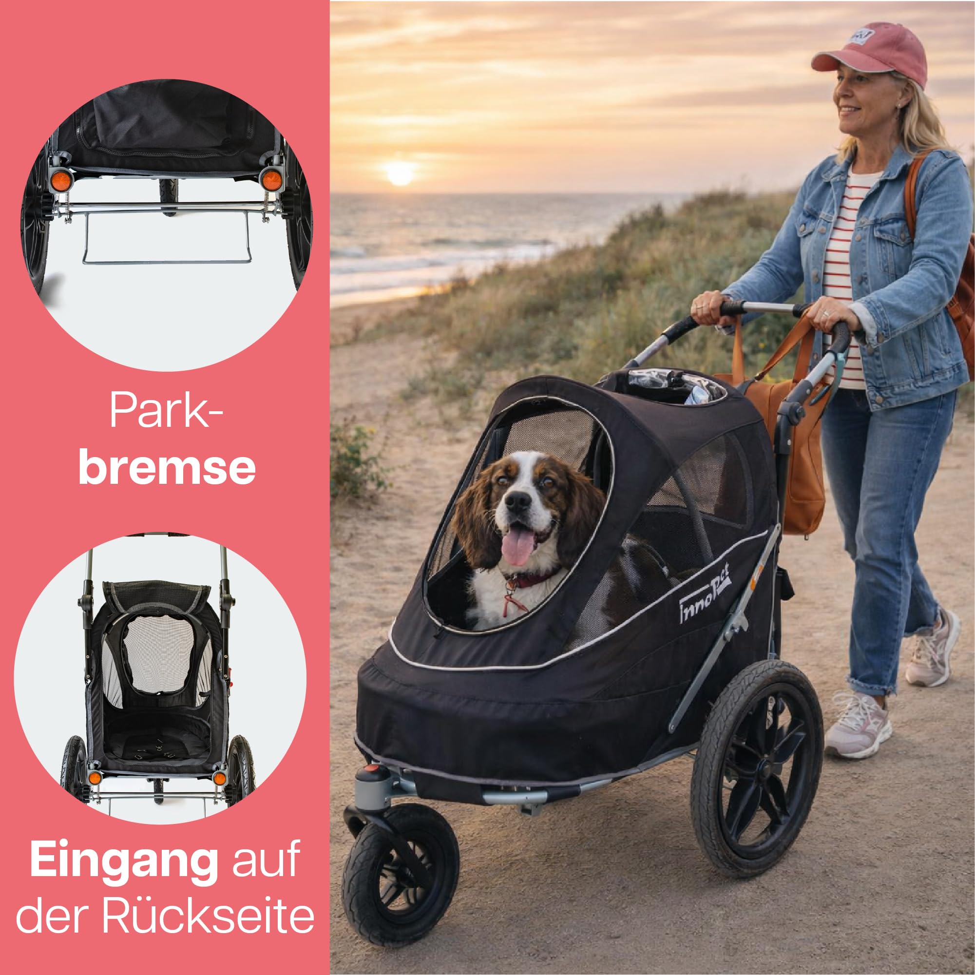InnoPet Sporty EVR Hundebuggy Hundewagen Trailer - für jedes Gelände - robuste Gummiräder wie Luftreifen - plattfußfrei inkl. Regenhaube - schwarz