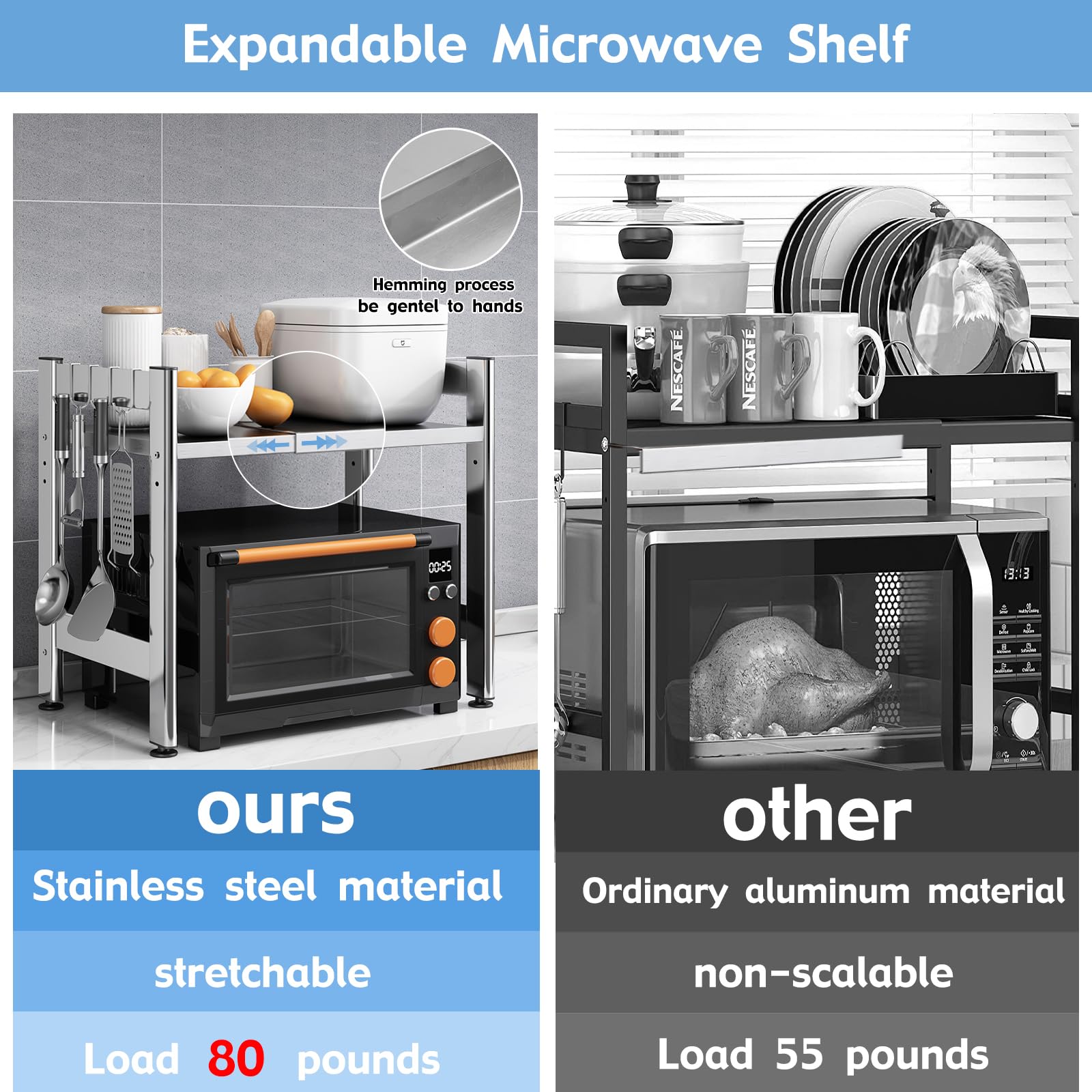 Mensola estraibile e regolabile per forno a microonde, ripiano da cucina, in acciaio inox, a 2 piani, con piano di lavoro