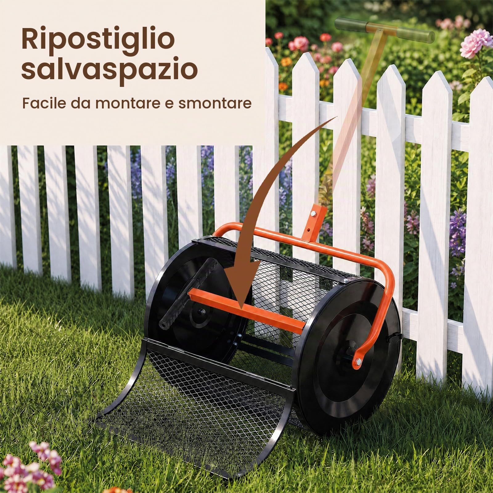 HOMASIS Spandiconcime a Rullo, Rullo da Giardino con Rete Metallica e Manico Regolabile in Altezza, Spanditore per Compost con Chiusure Laterali e Perno a Apertura a B per Cortile e Prato (Arancione)