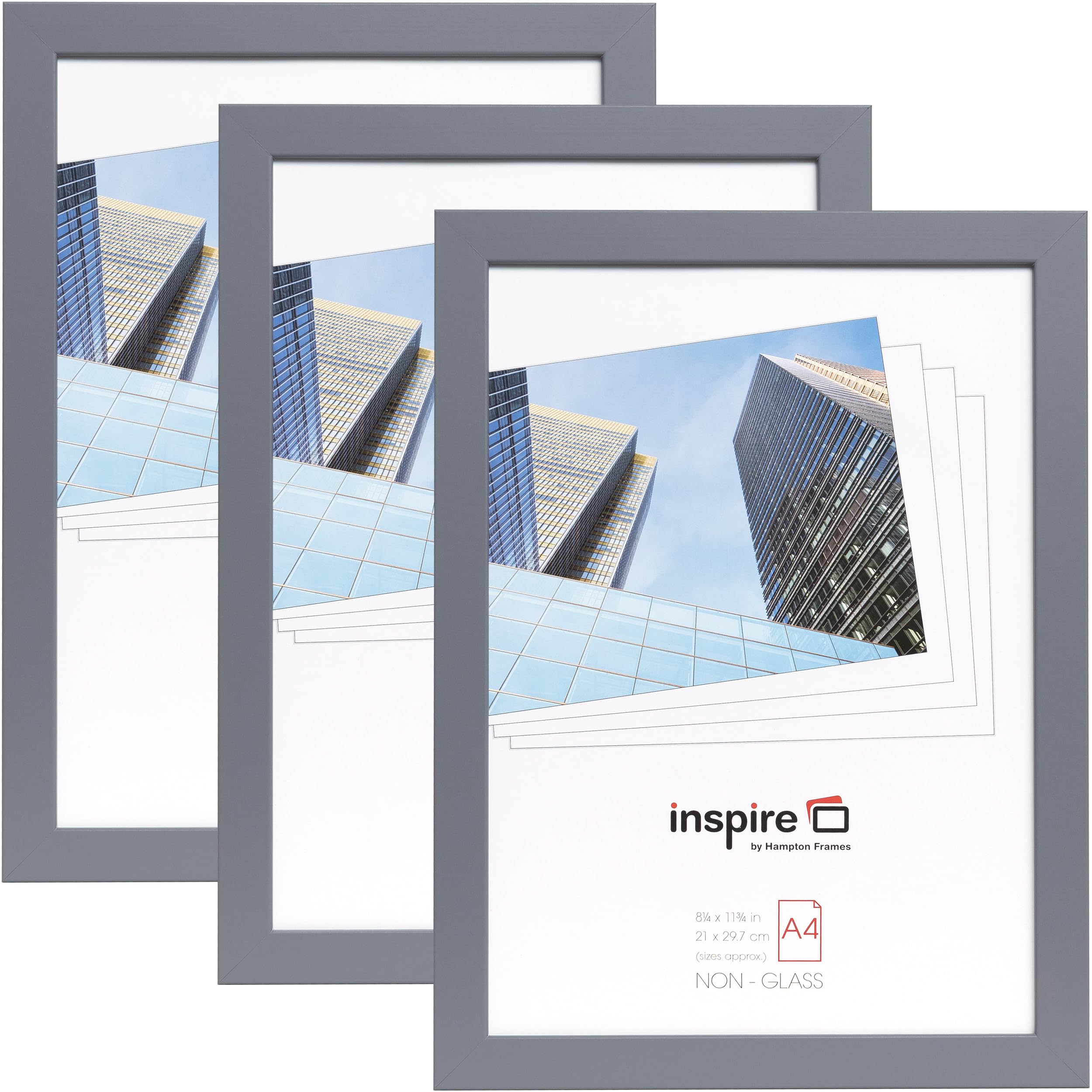 Hampton Frames Light Grey Zurich A4 (21X30cm) Pack Of 3 Grey Poster Photo Frame Acrylic (Non-Glass) Front Zura4gry-Pk3
