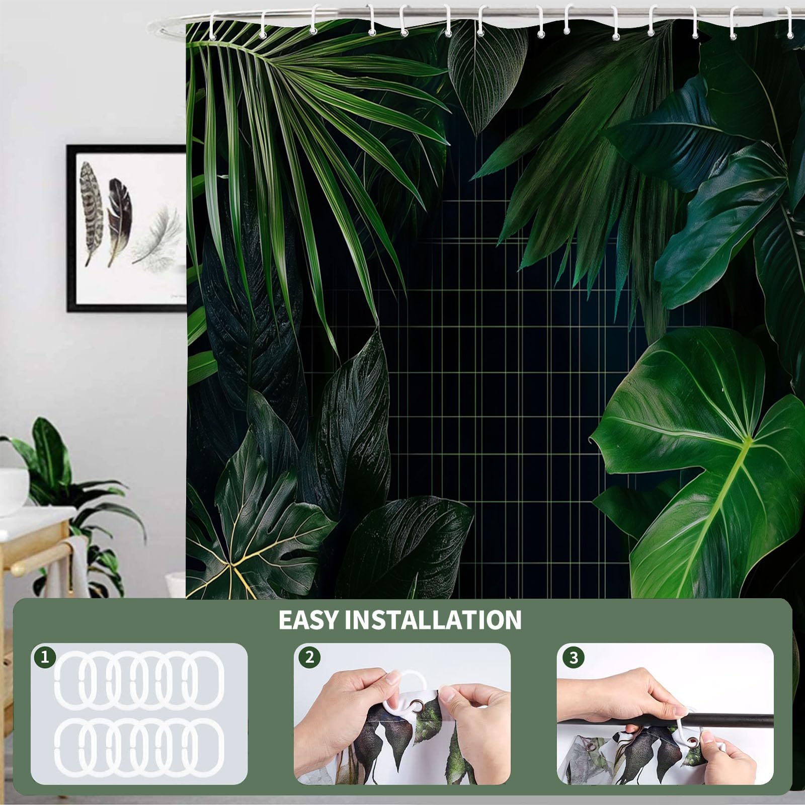Cortina de Ducha con impresión Digital de Tropical Plantas Cortina de Baño con Cuadrícula Hojas,240x200cm Impermeable Cortinas de Ducha con 12 Ganchos Tela de poliéster para baño